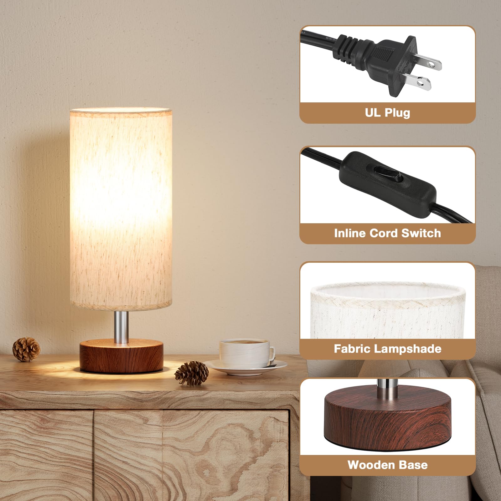 PartageiZ Small Table Lamp Set of 2 - Cream Shade, Walnut Base, 11.6in Inline Control, Ideal for Bedroom, Living Room, Office