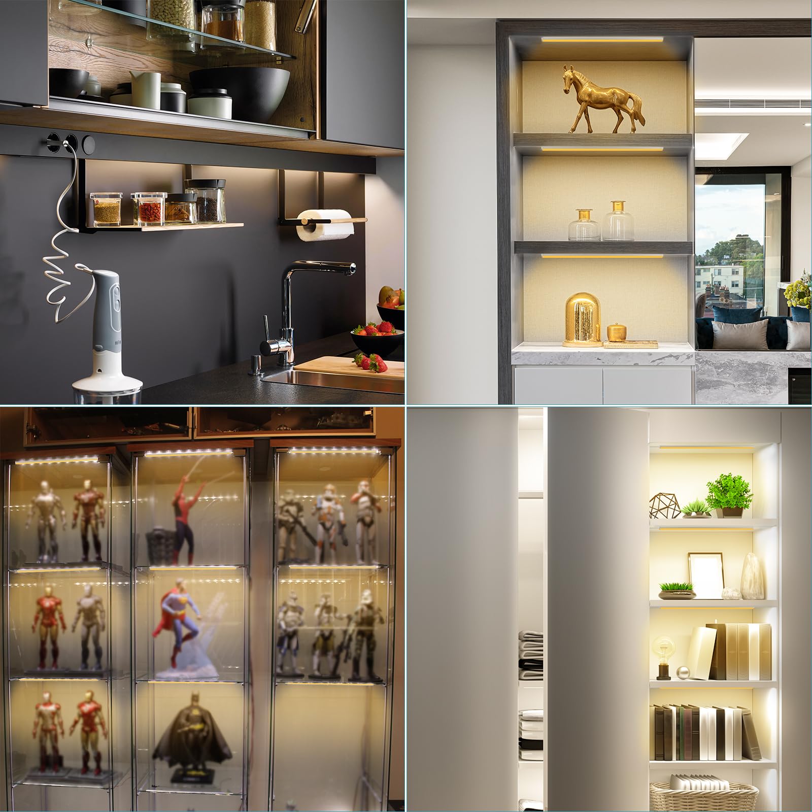 JUSJUBR LED Shelf Lighting, Dimmable Warm White, 4PCS, 12 Inch Aluminum Lights for Display Case/Pantry/Closet