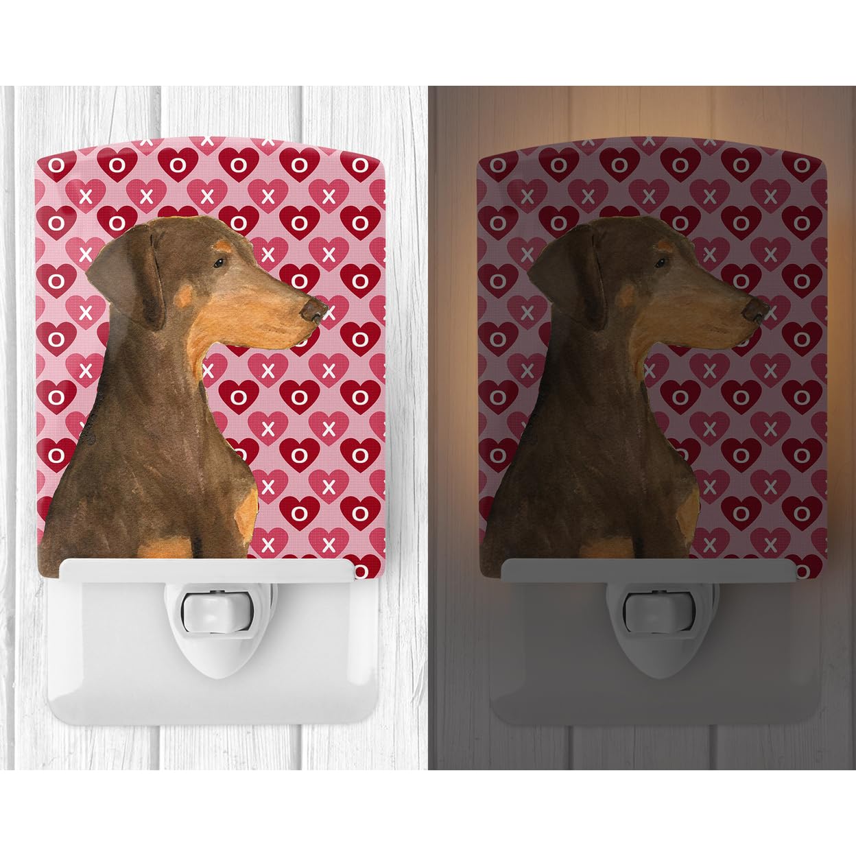 Carolines Treasures Ceramic Night Light, Doberman Hearts Design, 6x4x3in, Multicolor, Model SS4479CNL, UL-Certified