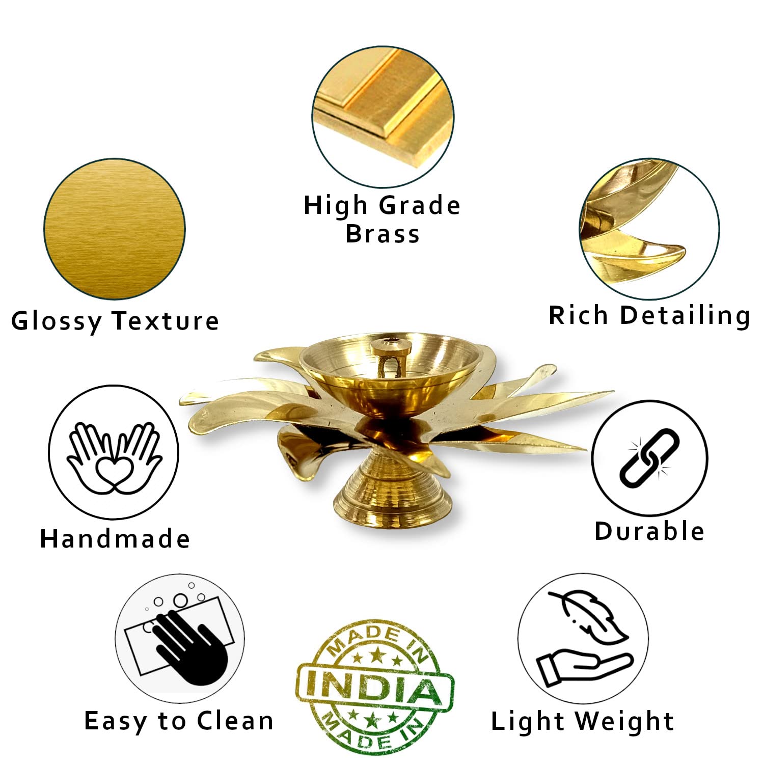 Lamina Decorative Brass Diya for Puja (Set of 10 Small 3inch Golden Sun Design) Center Wick Holder Pital Akhand Deep Vilakku for