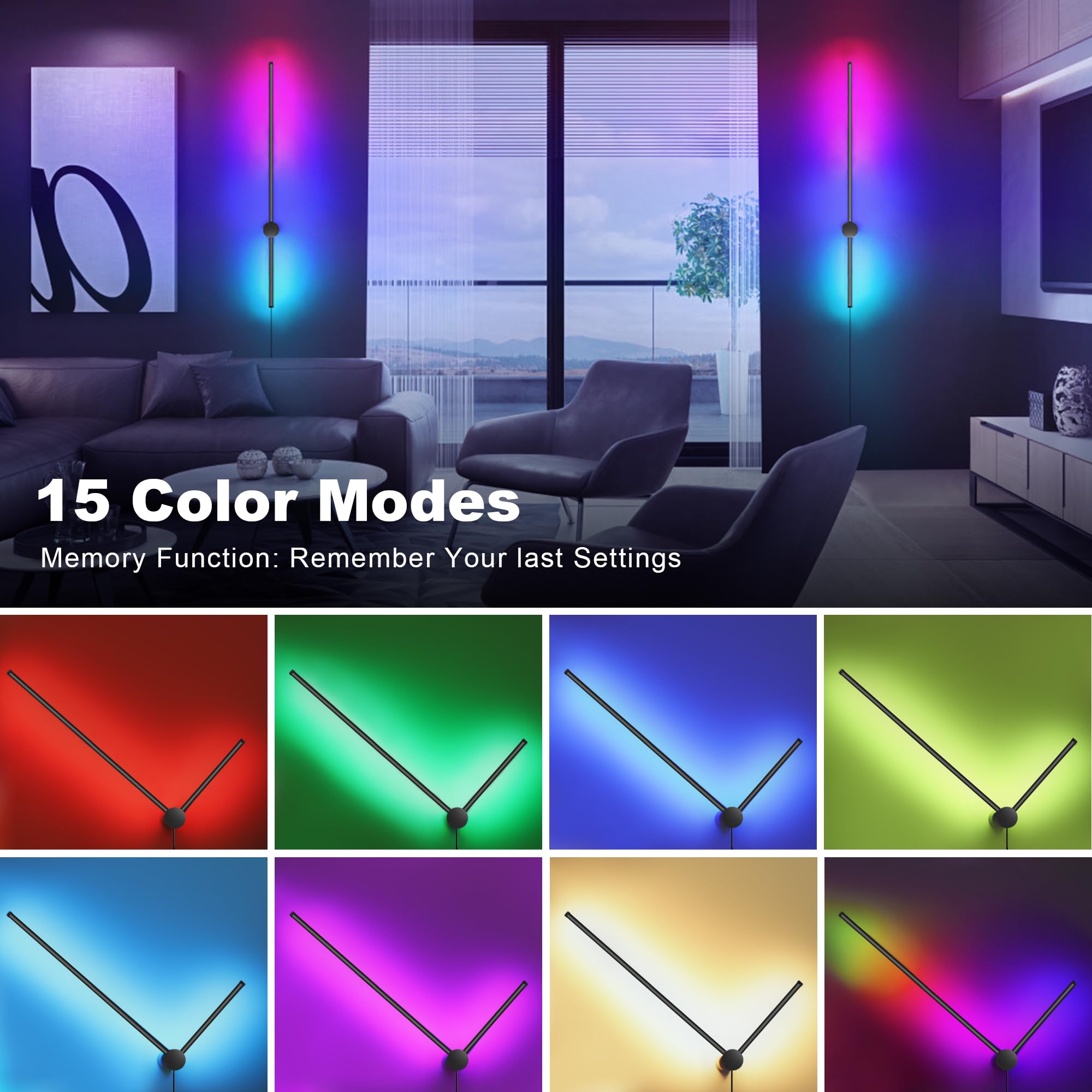 GOODATE RGB LED Wall Sconces Set of Two, 15 Color Modes, 39.4 Inches, Aluminum Alloy, Black Plug-in, Model GZ-3CCT-2PACK