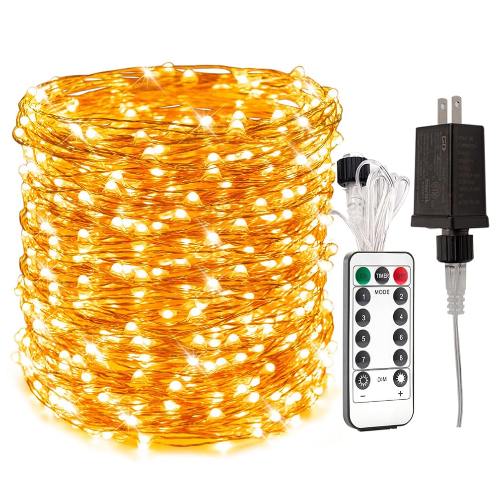 Resnice 100Ft Long Fairy Lights Plug In Waterproof Outside Copper Wire String Lights With Remote 300 High-Bright Leds For Garden, Porch, Patio, Christmas Wedding Party Decoration