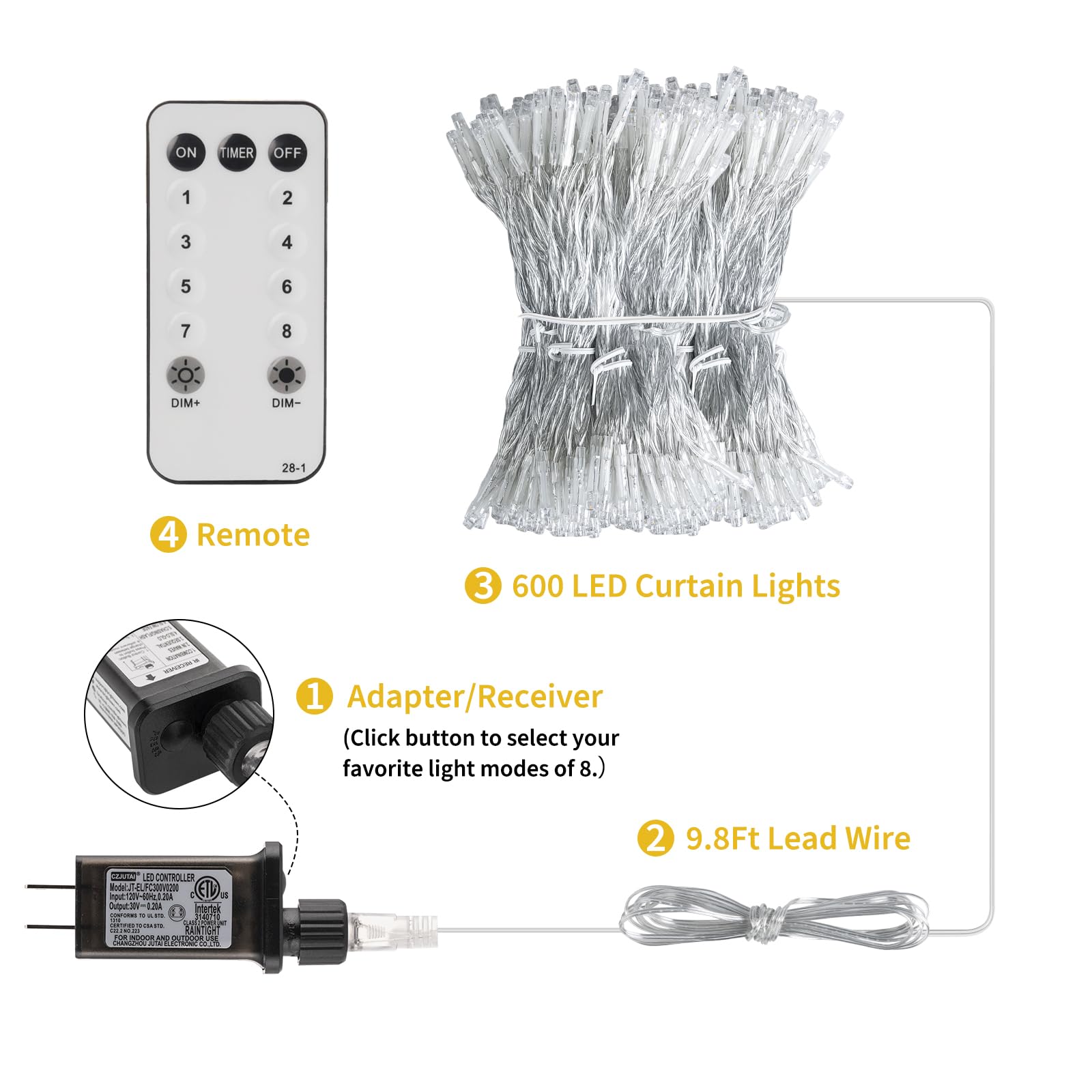 Brightown 600 LED Window Curtain Lights, 20ft Dimmable with Remote, 8 Modes, Pure White, Model DM-300