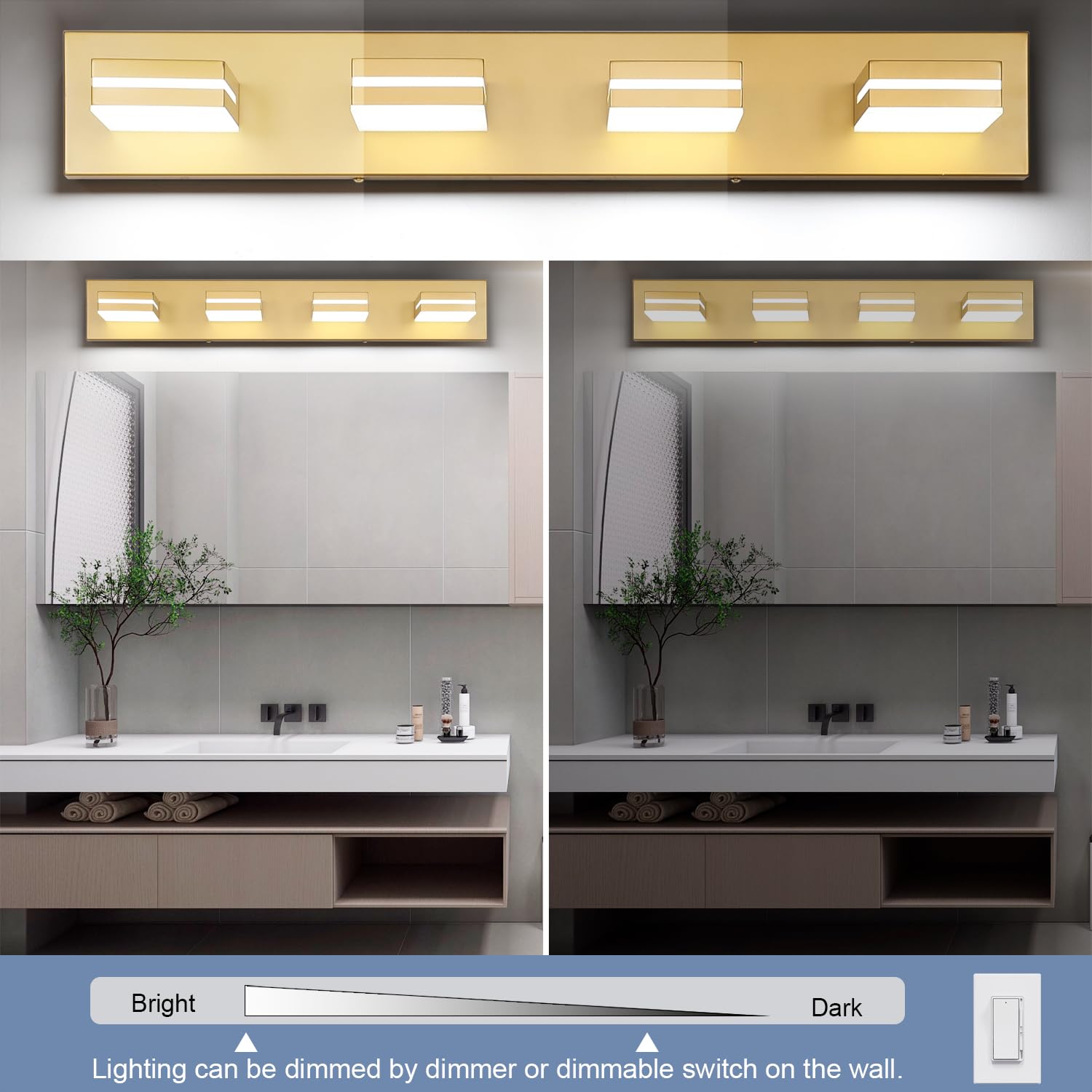 SineRise LED Bathroom Vanity Light Fixture, 4-Light, 30-Inch, Dimmable, Matte Gold, Acrylic, Model H0001-33, Cool White 6000K