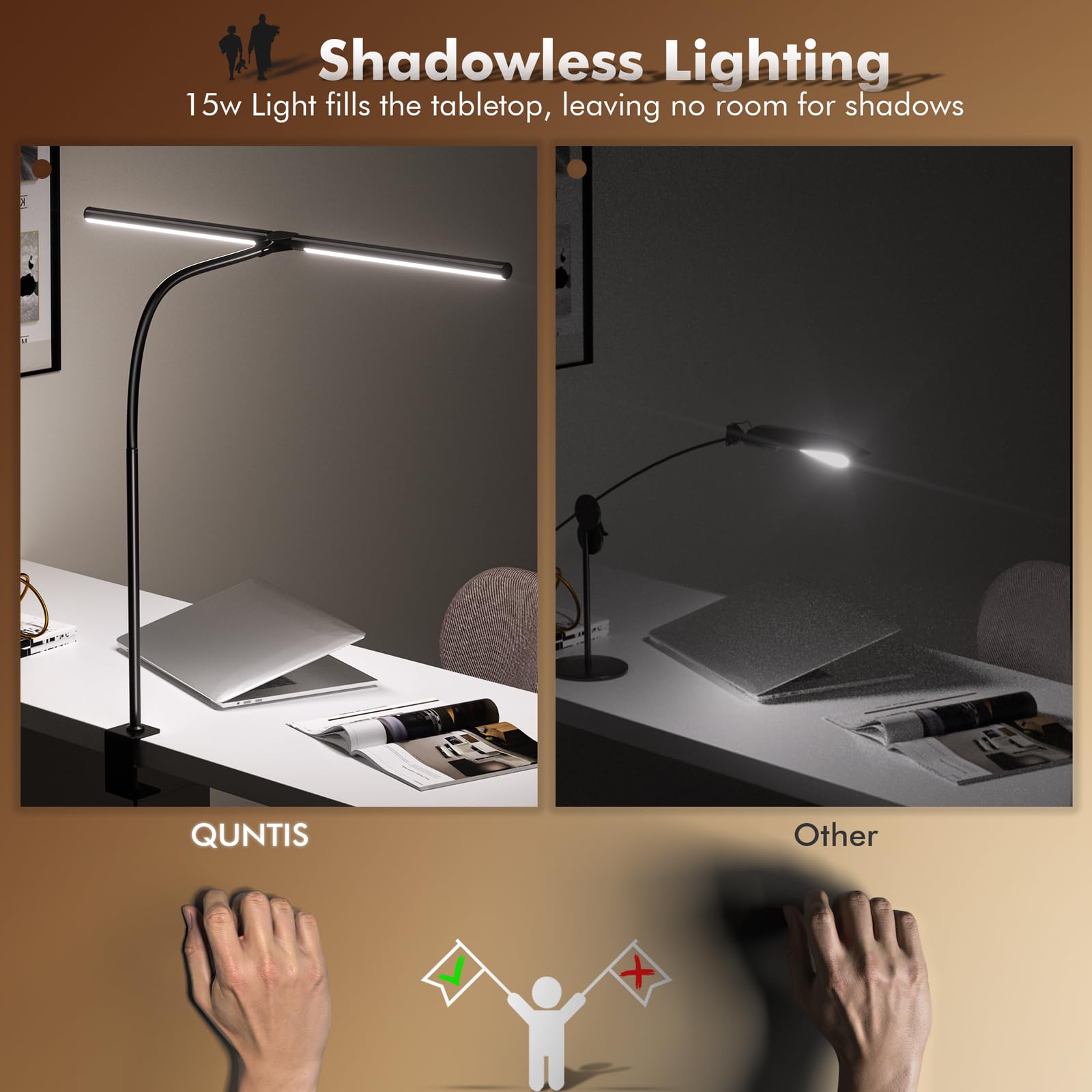 Quntis Double Head LED Tall Desk Lamp for Home Office, 31.5-inch Foldable Computer Desk Light with Clamp, Dimmable Dual Monitor