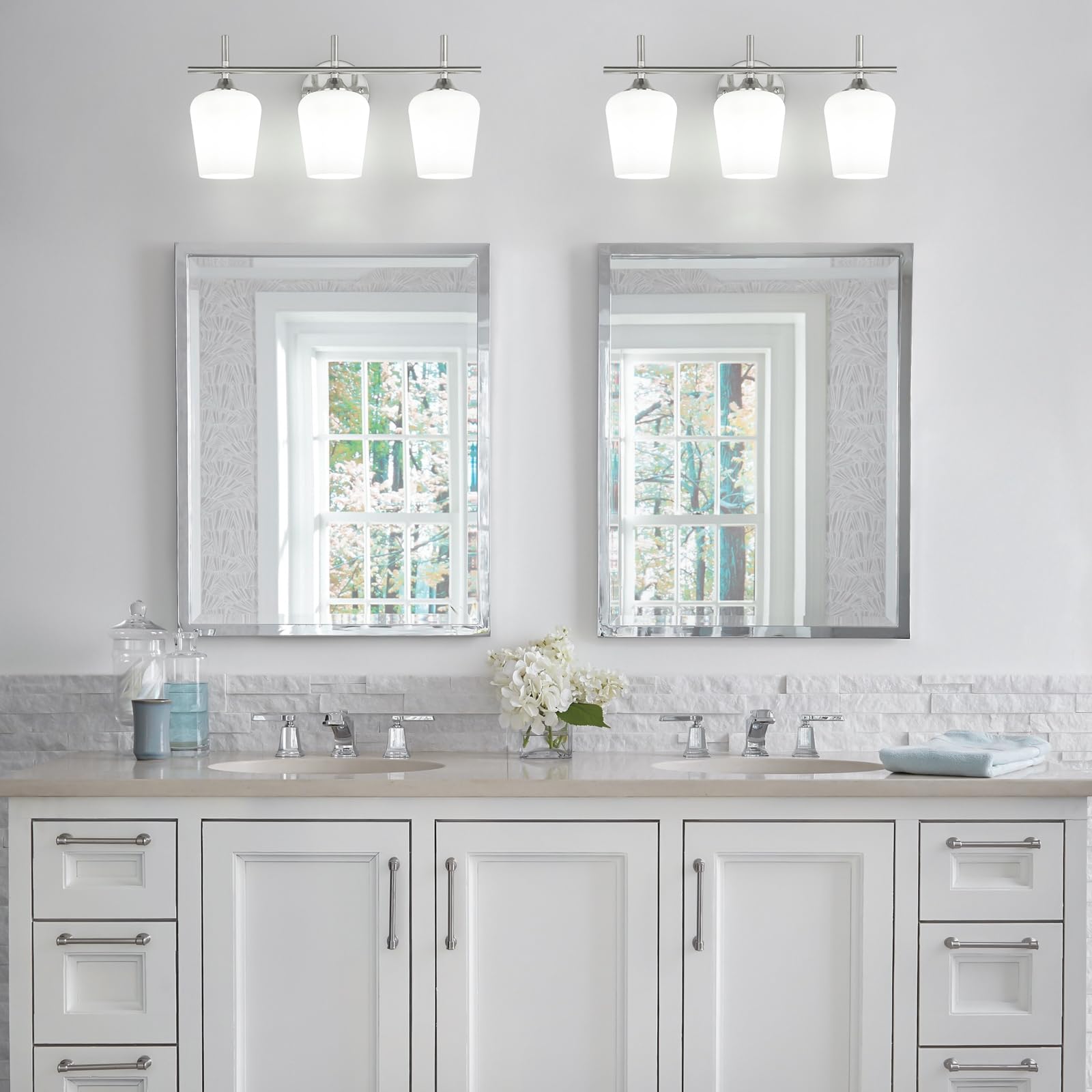 foucasal Bathroom Light Fixtures 3-Light Brushed Nickel with Milk Glass Shade, Modern Vanity Wall Light