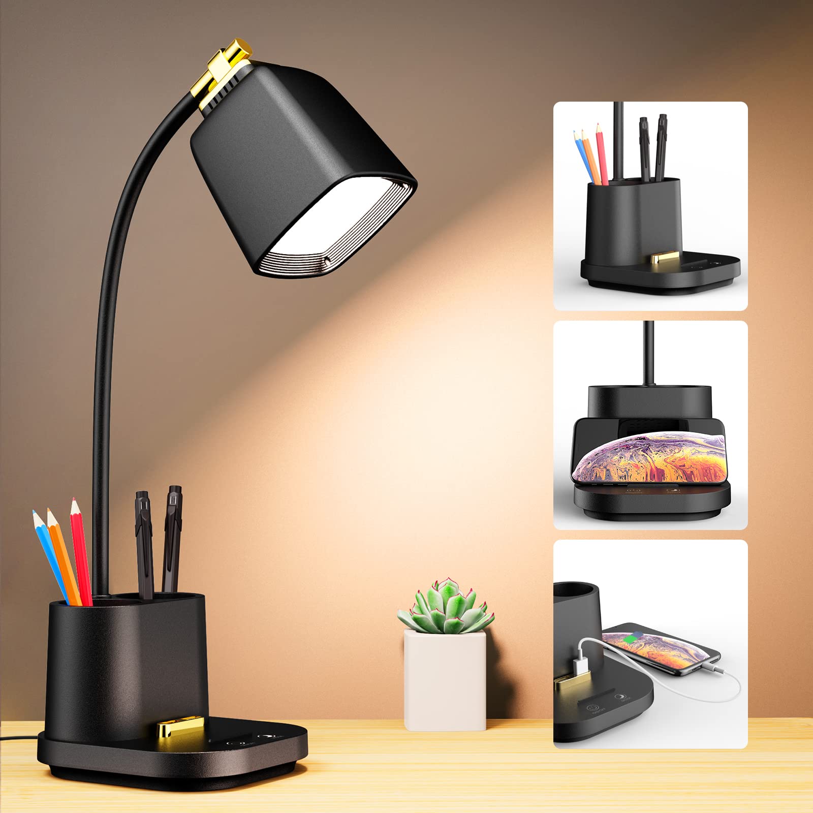 GONDSILY LED Desk Lamp with USB Charging Port Touch Control 3 Color Modes, Stepless Dimming, Home Office Desk Lamp, LED Small De
