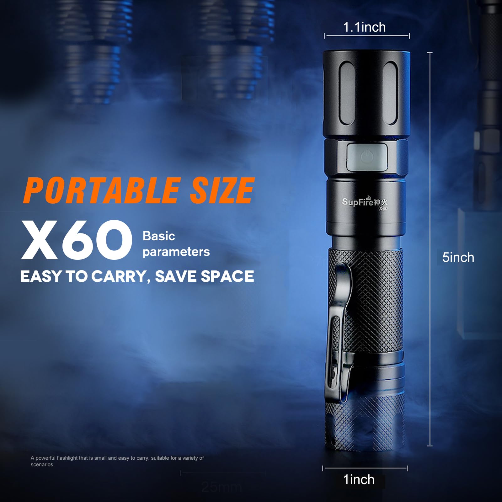 SuperFire X60 Rechargeable Flashlight - Small, Powerful EDC, 4 Modes, Water Resistant, Black, Aluminum