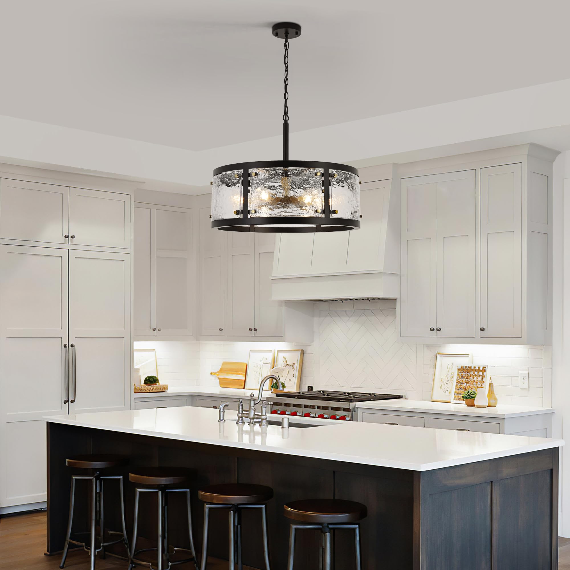 CNRATYE 23.6" Black Farmhouse Drum Chandelier, 6-Light Vintage Glass Fixture for Dining Room and Kitchen