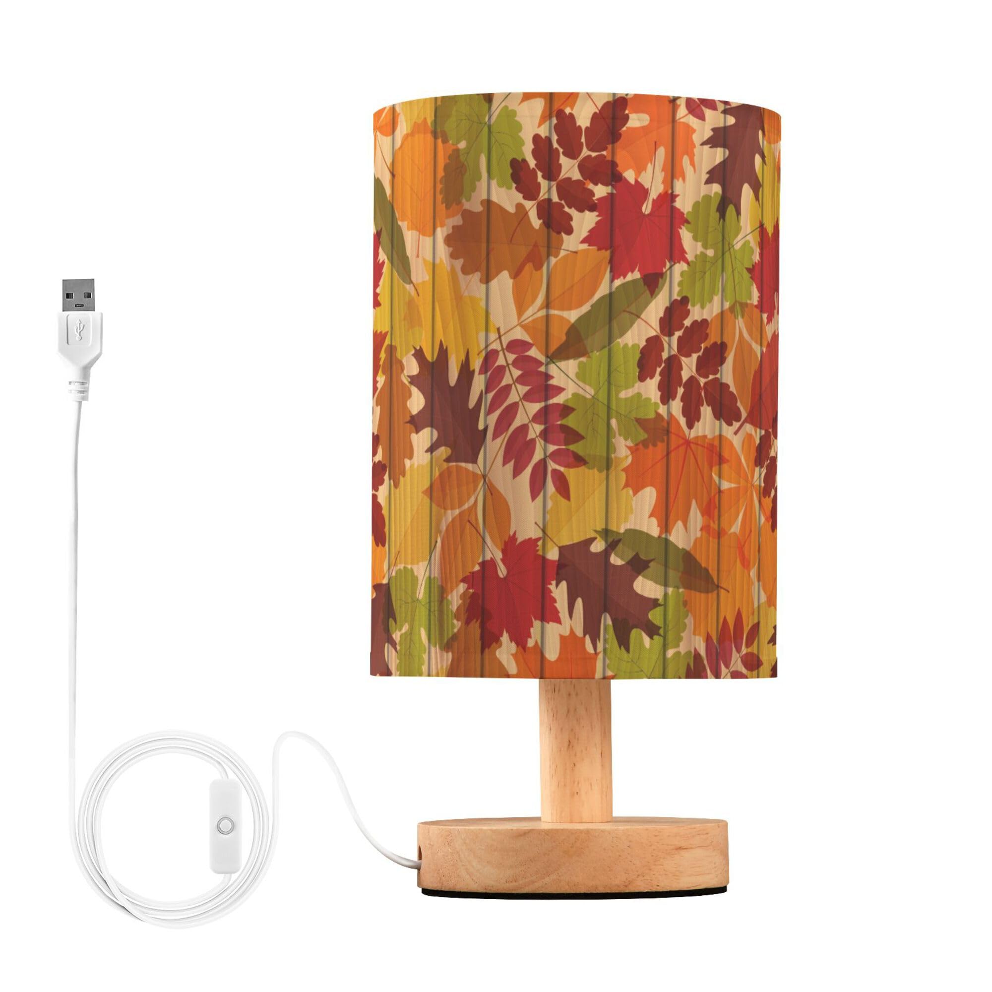 YYZZH Table Lamp Colorful Autumn Leaves Vintage Wooden Pattern Nightstand Lamp with Wood Base Fabric Lamp Shade Bedside Desk Lam
