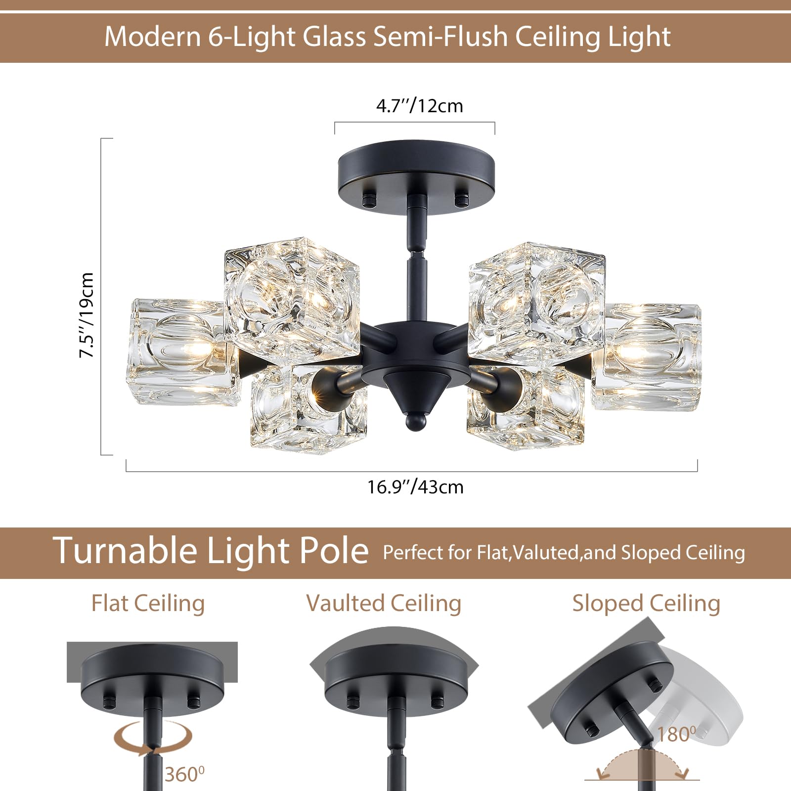 Peskoe 16.9'' Industrial Black Semi Flush Mount Ceiling Light Fixture, Modern 6 Lights Sputnik Chandelier, Glass Lamp For Office