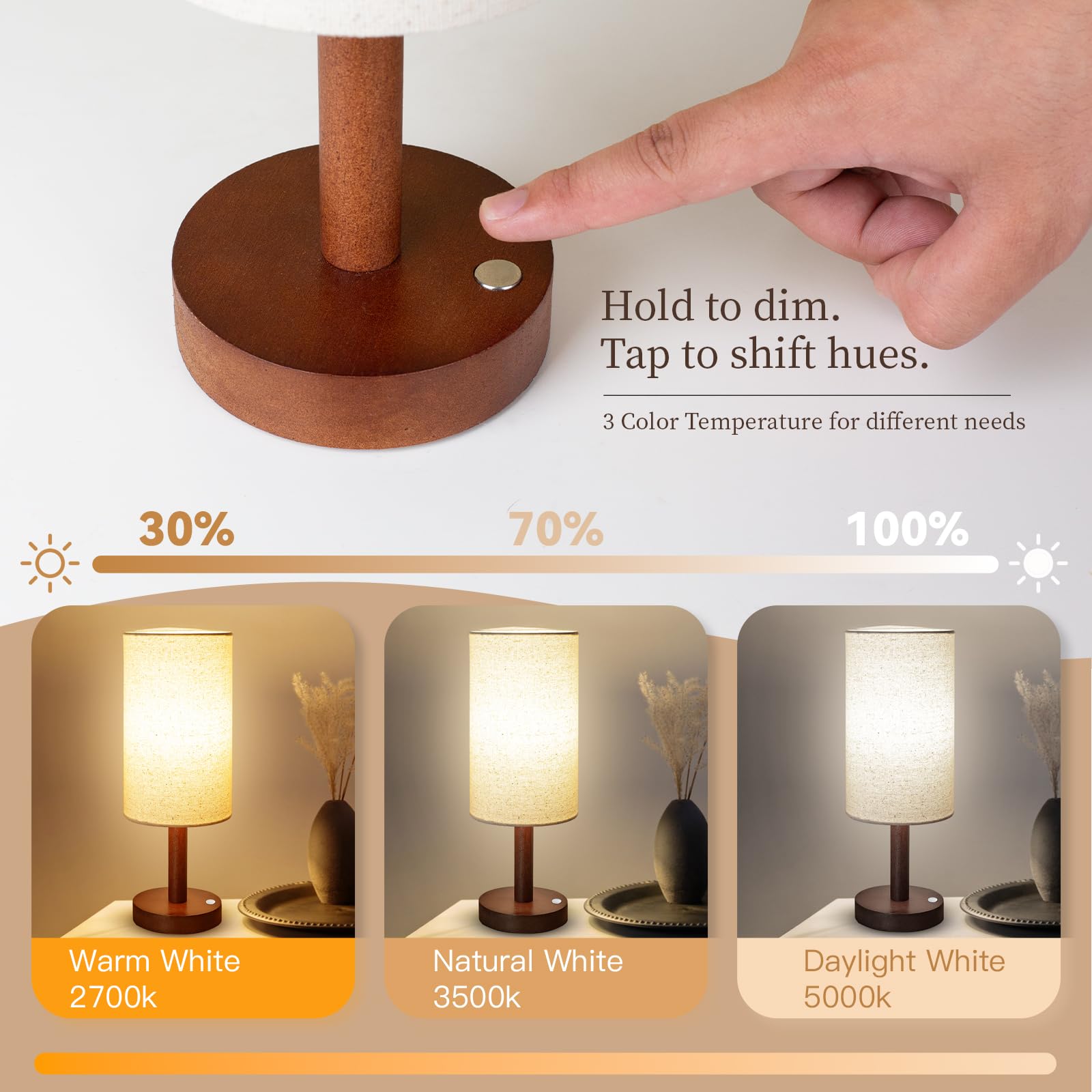 Cordless Table Lamp, 3 Color Dimming Portable Battery Lamp, Touch Control Wood Base Small Bedside Lamps For Night Stands, Living