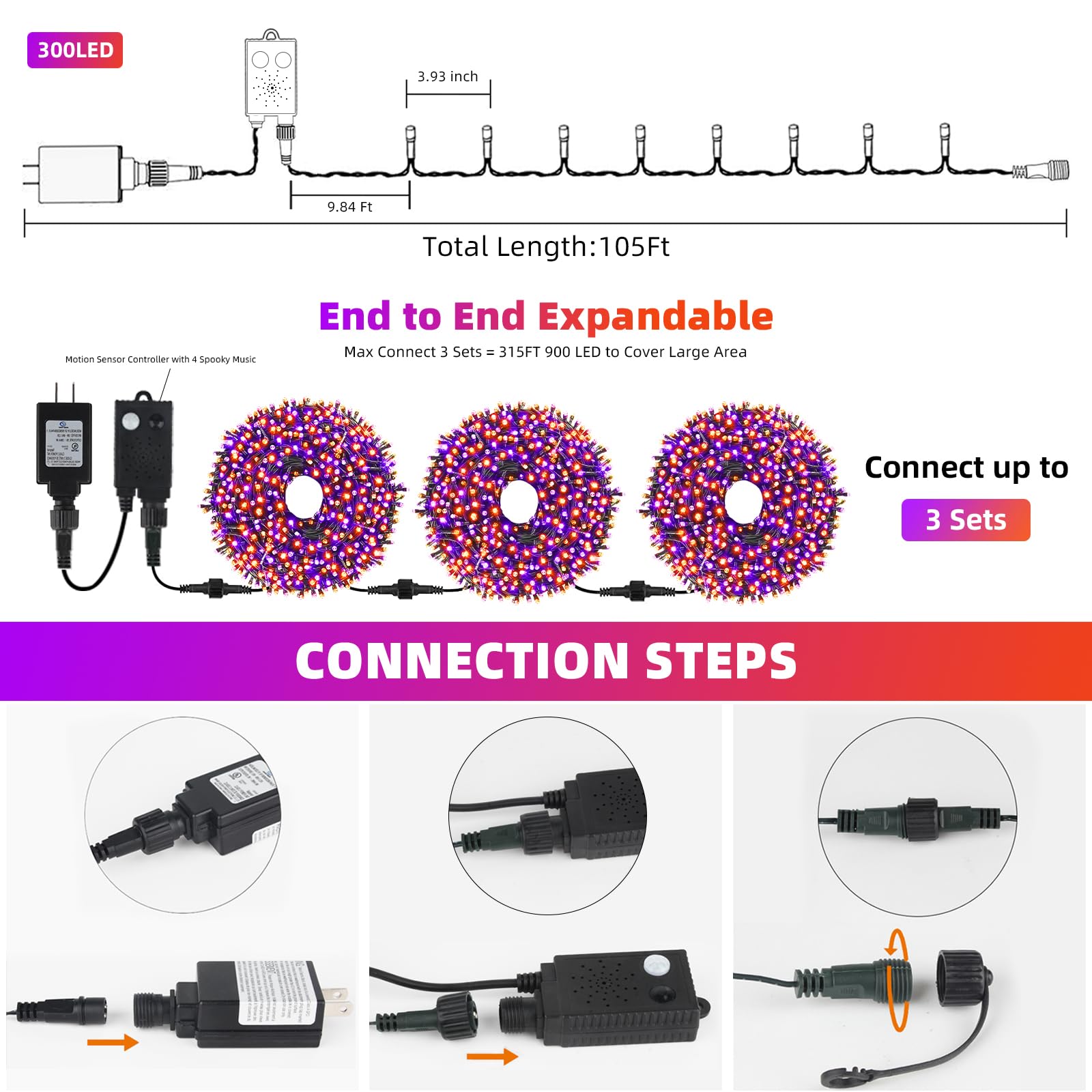 Tcamp 300 LED Christmas Lights, Purple & Orange, Motion Activated, 6 Modes, Model QL300AE, Connectable for Indoor/Outdoor Decor