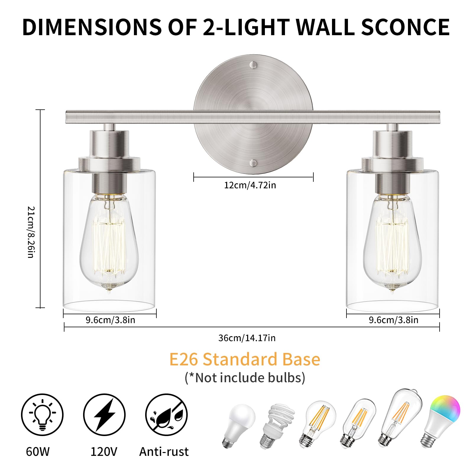 GORDNWE Bathroom Vanity Light Fixture, 2-Light Brushed Nickel, Metal Sconce, E26 Bulb Base, Modern Design for Mirror and Hallway