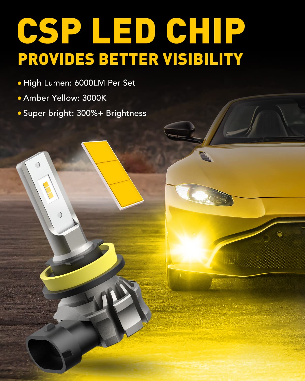 AUXITO H11/H8/H16 LED Fog Light Bulbs, 6000 Lumens, 3000K Amber Yellow, Aluminum, Pack of 2