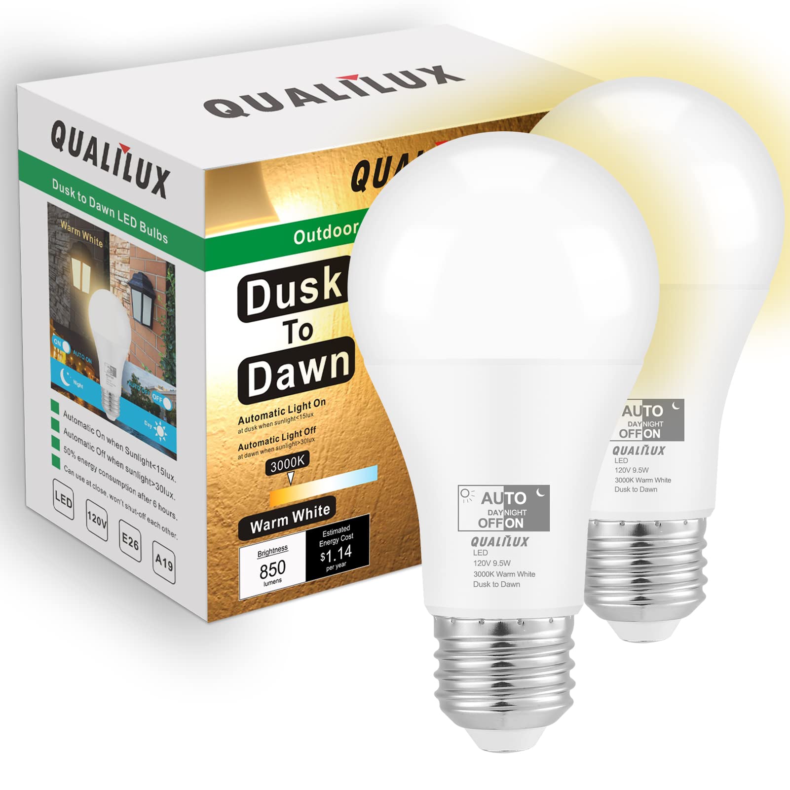 Qualilux Dusk To Dawn Light Bulbs Outdoor 850 Lumen, 60W Equivalent, Warm White 3000K, Led 9.5W, A19, E26 Base, 2-Pack, Hq-H007