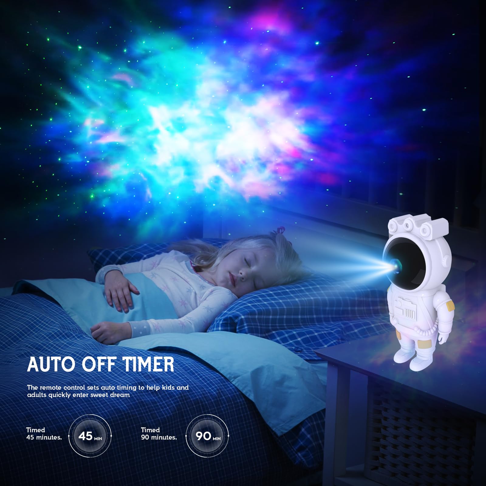 MYSTILUCK Astronaut Star Projector LED Lamp with Timer & Remote Control, White, Model IGB-B55, Kids Room Decor