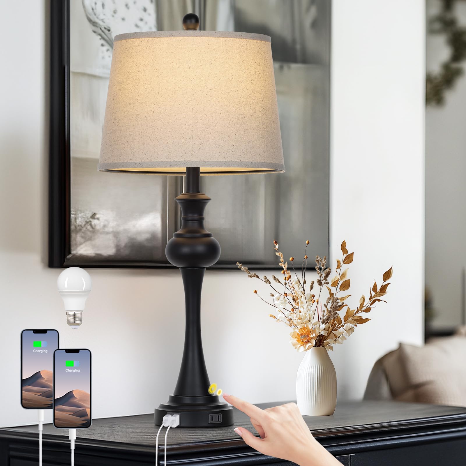 CINSARY Modern Black Metal Table Lamp with USB Ports, Touch Control, 28.75in - Model TD-CS-556-1PK