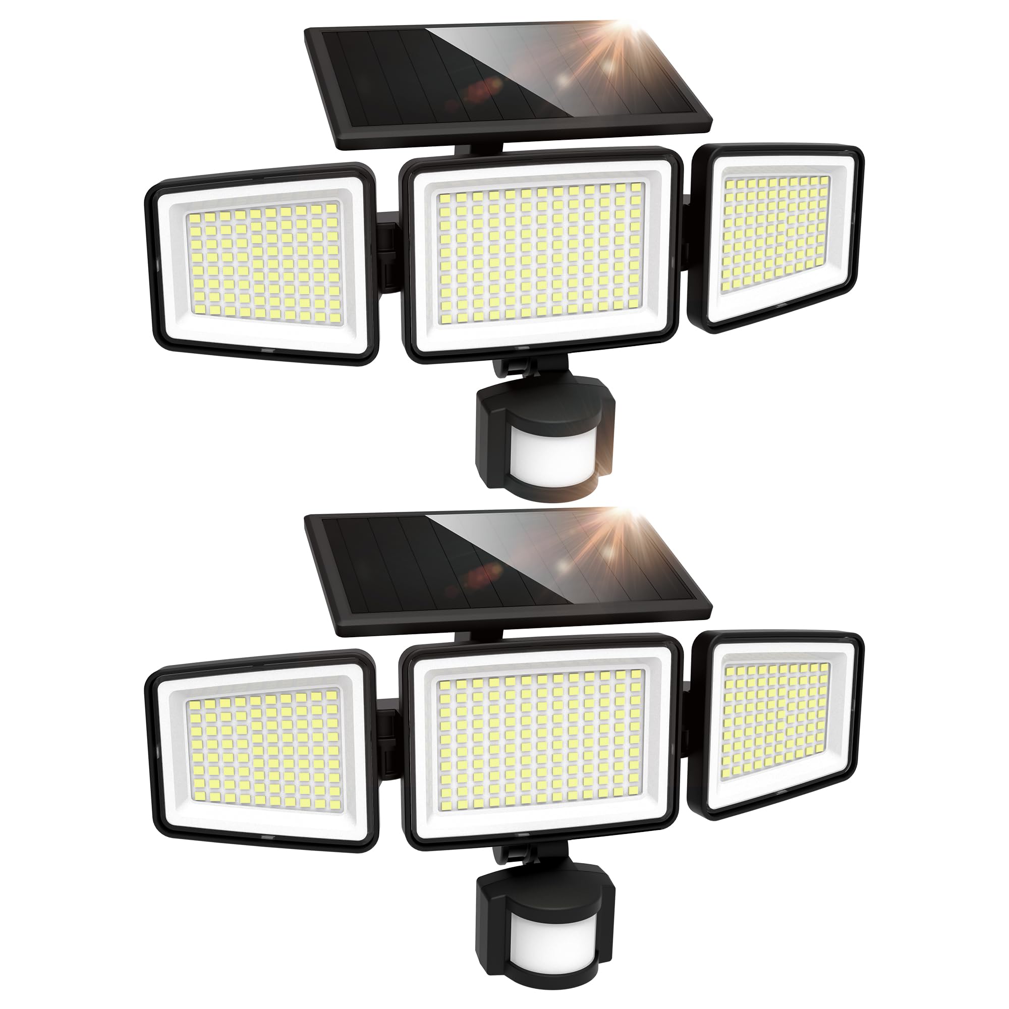 UME Solar Outdoor Lights 302 LED 3000LM IP65 Waterproof Motion Sensor 3 Heads 2 Pack Black