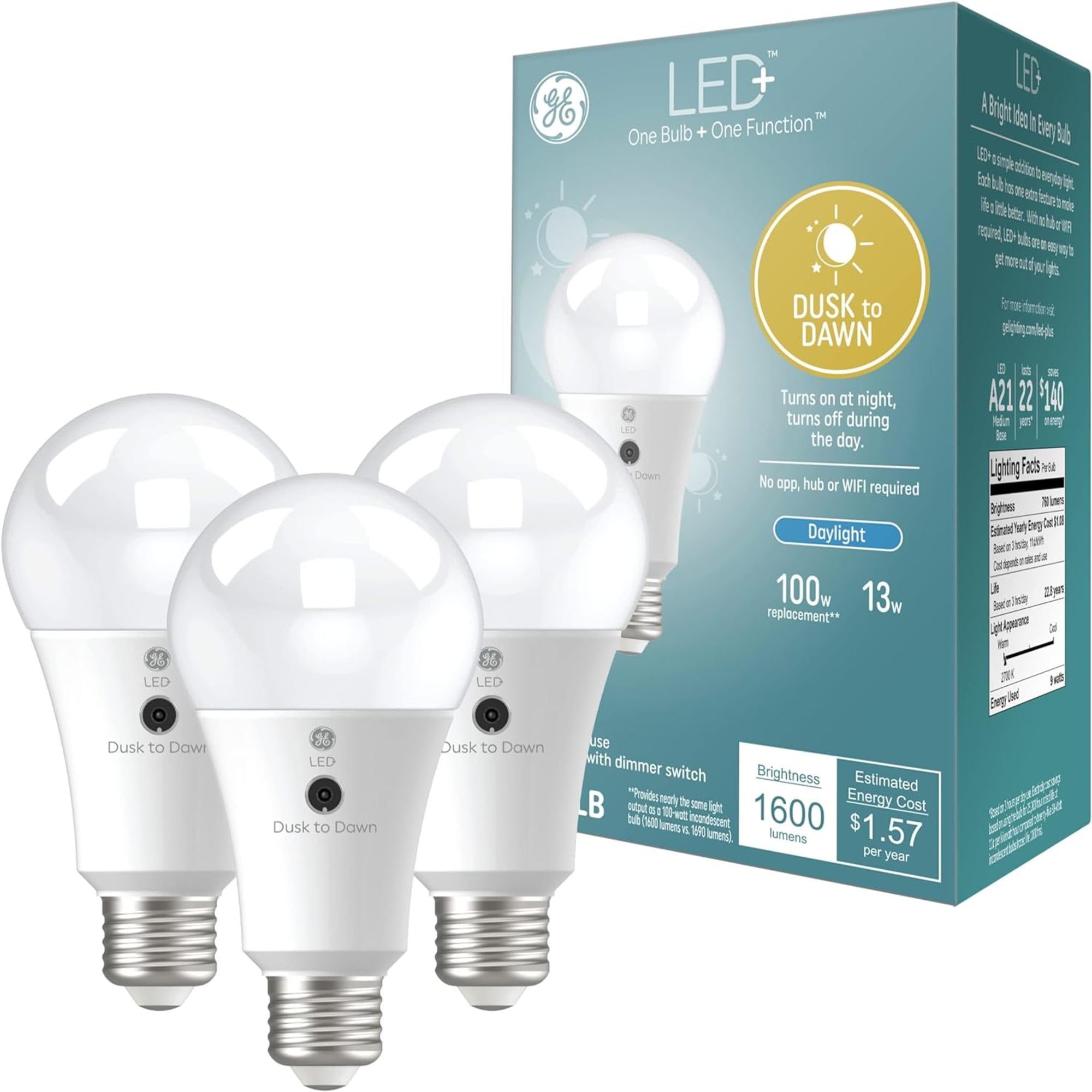 Ge Led+ Dusk To Dawn A21 Led Light Bulb, Automatic On/Off Outdoor Light, 13W, Daylight (3 Pack)