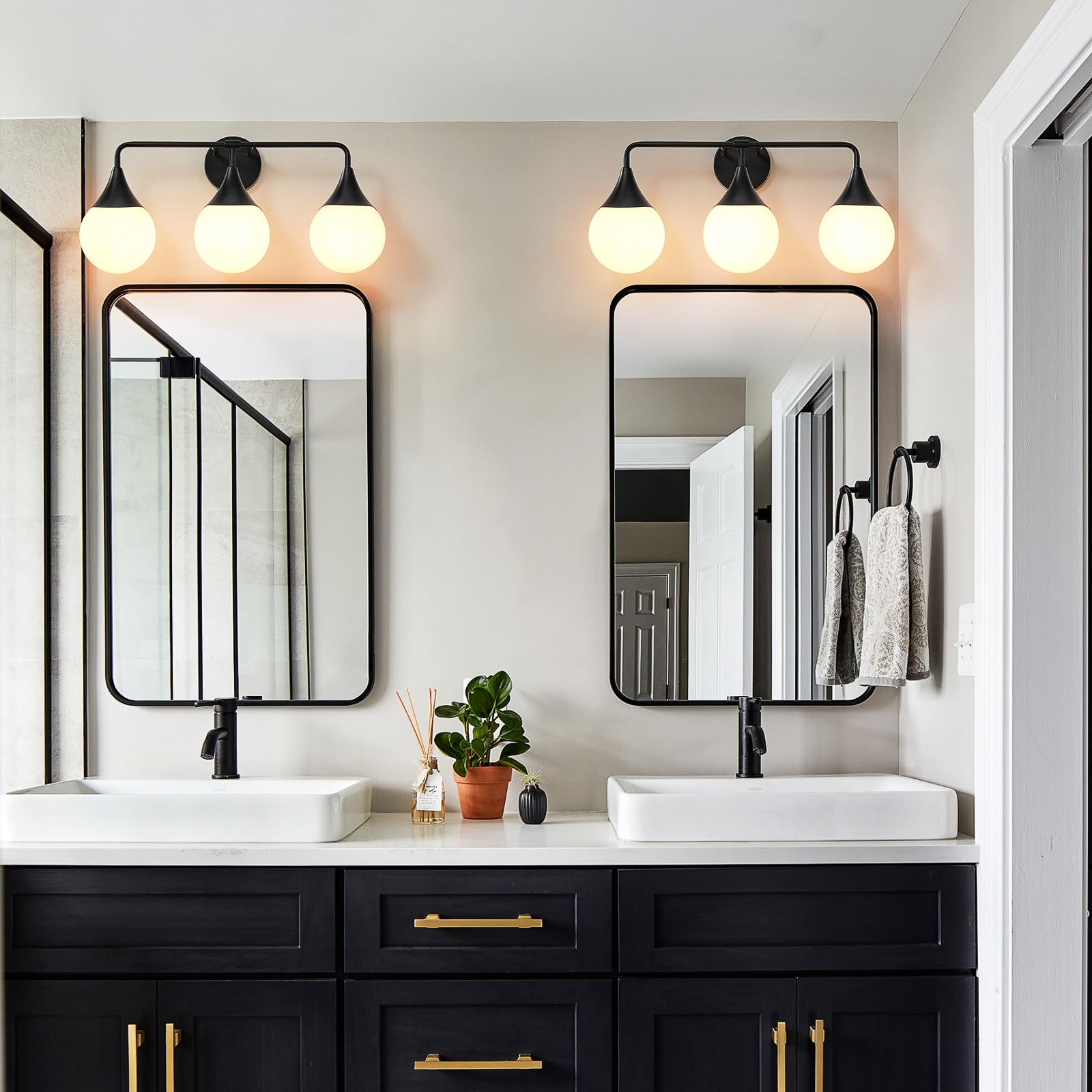 HAHZT 3-Light Bathroom Vanity Light Fixtures - Mid Century Modern Matte Black Wall Sconce with Milky White Globe Glass - Model 8089ML