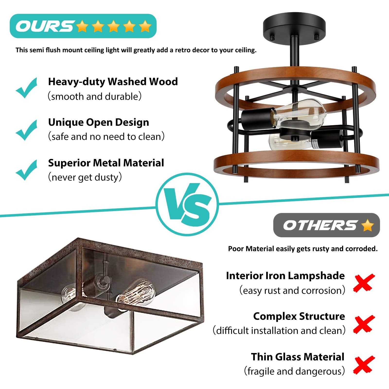 Lakumu 2-Light Retro Semi Flush Mount, Rustic Vintage Wood & Black Metal Industrial Farmhouse Ceiling Lamp For Hallway, Entryway