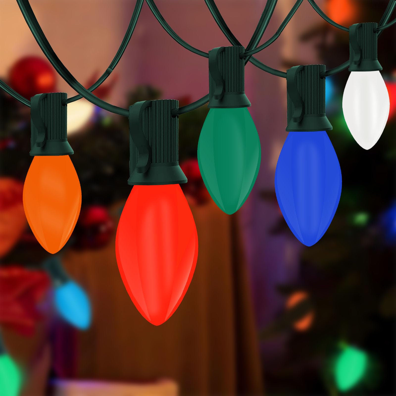 C7 LED Multicolor Christmas String Lights, 25Ft Outdoor Patio String Lights with 27 Colorful LED Bulbs(2 Spare), Hanging Vintage