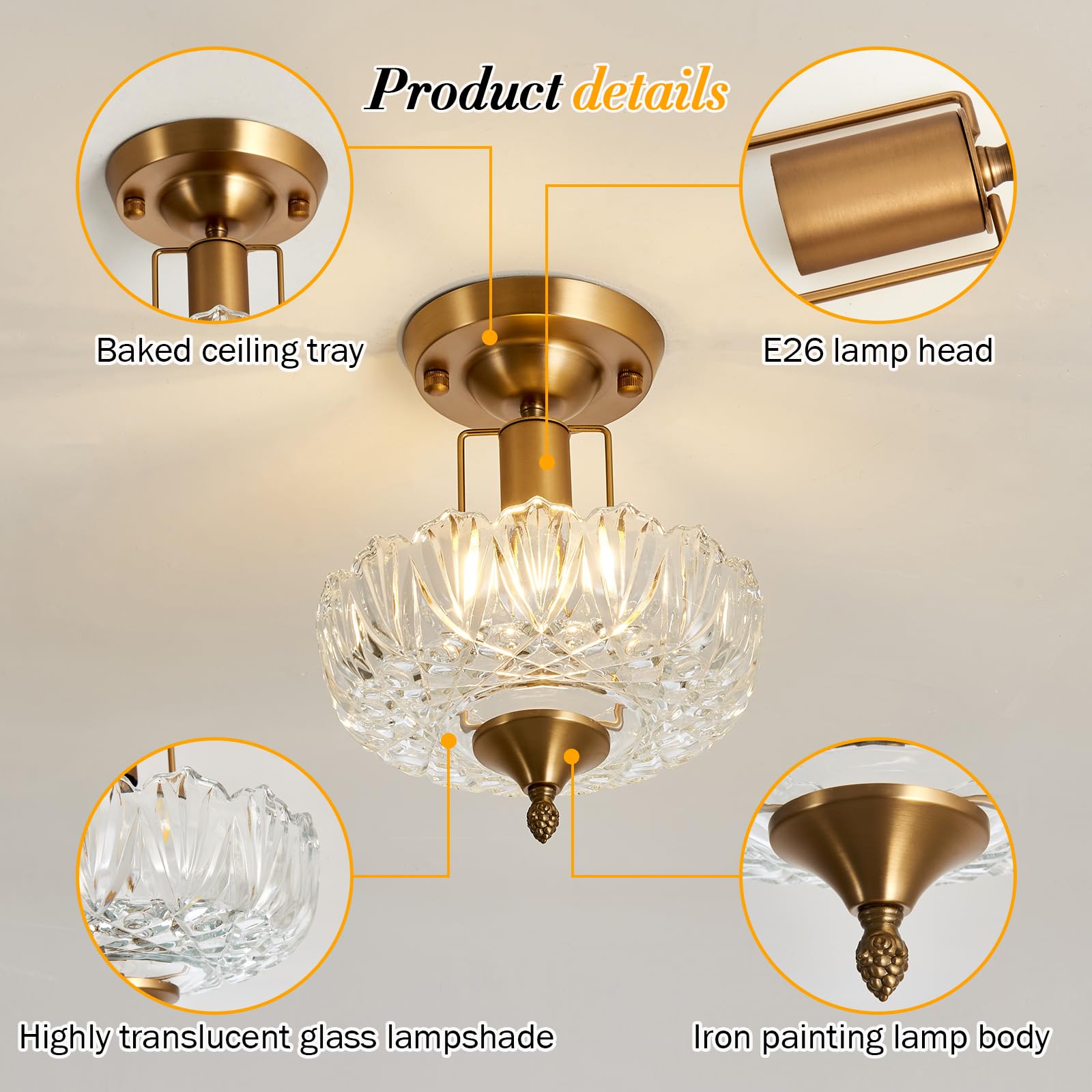 Uofus Vintage Gold Semi Flush Mount Ceiling Light Fixture With Clear Glass Shade Flower Small Chandelier Brass Close To Ceiling