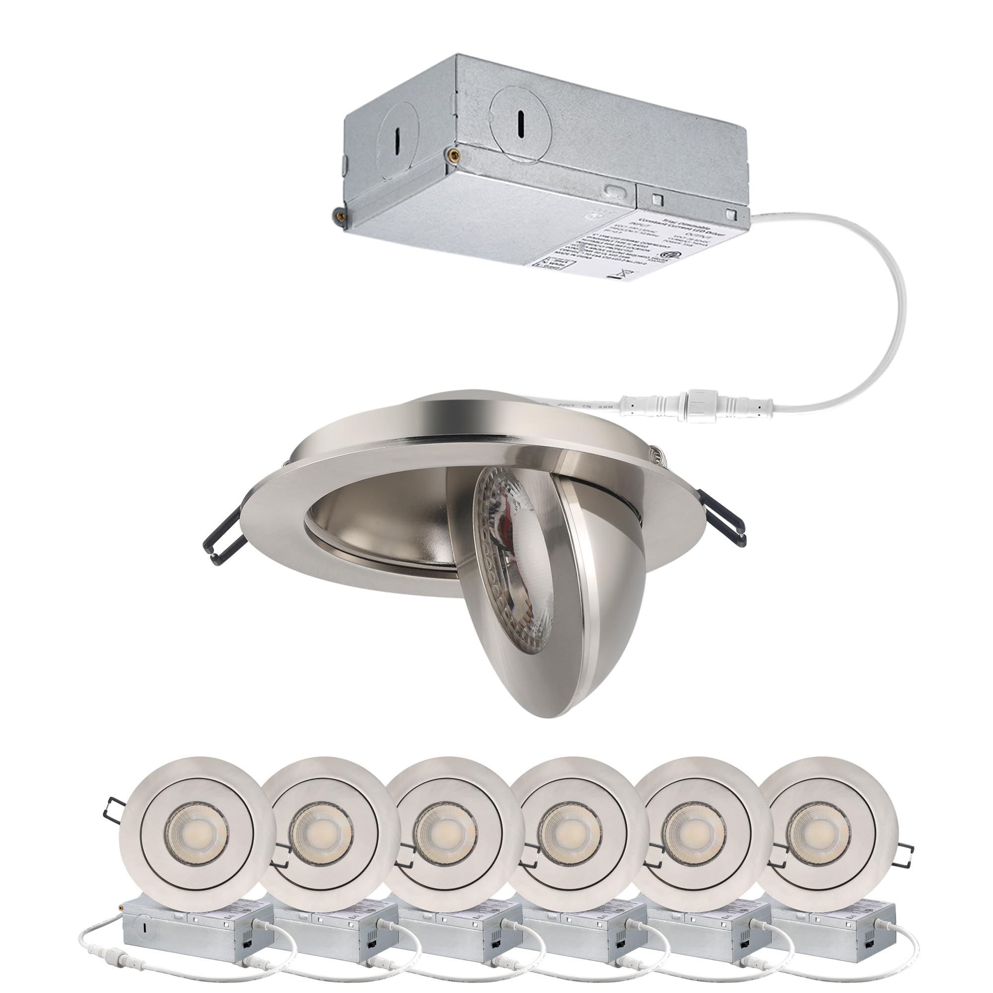 POPANU 4-inch Gimbal LED Recessed - 4 in Lighting 6Pack Canless Brushed Nickel Trim 90 Tilt Swivel LED Eyeball Wafer Slope Ceili