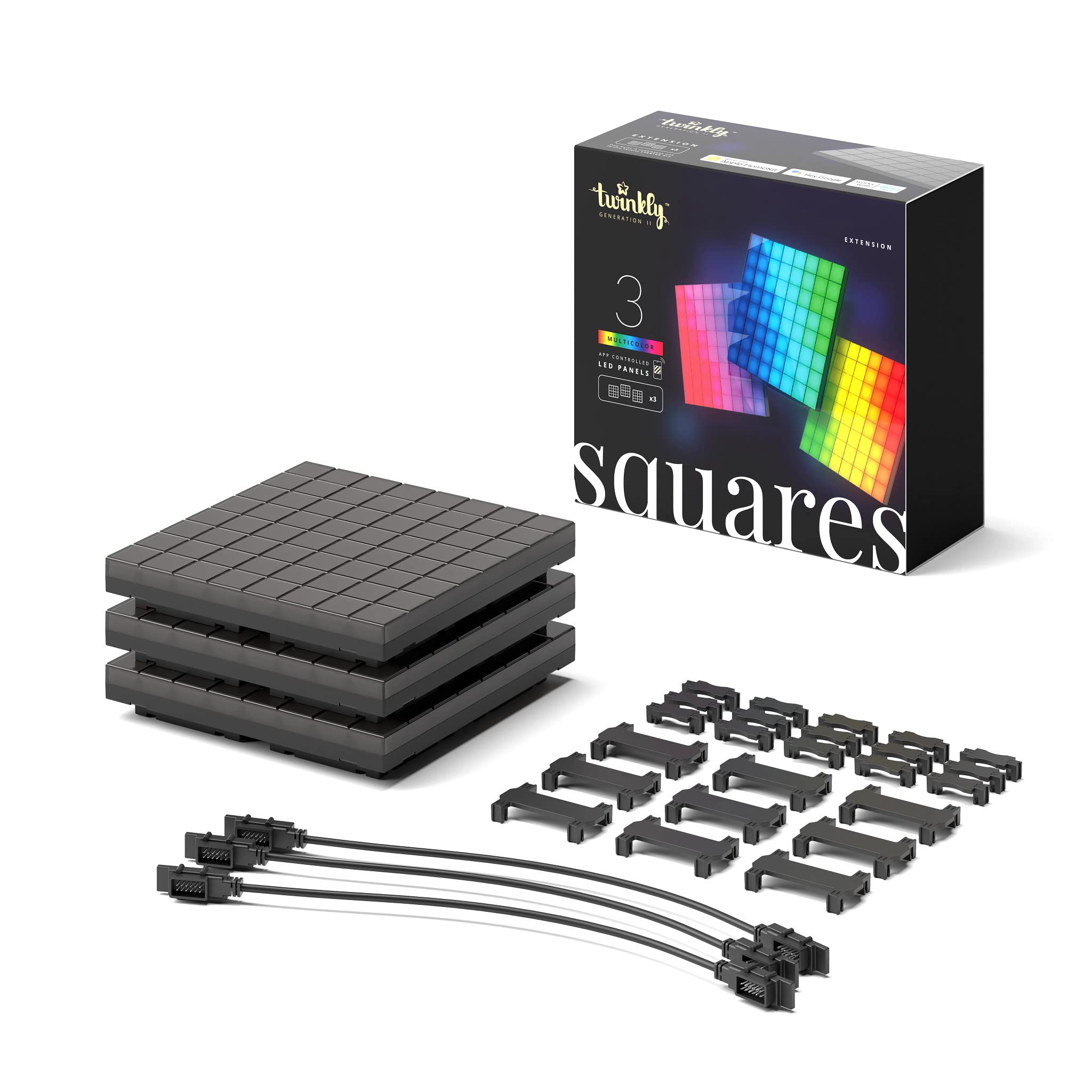 Twinkly Squares Extension Kit, RGB LED Panels, 3 Extension Panels, Connection Cables, Compatible with HomeKit, Alexa, Google Home, Black