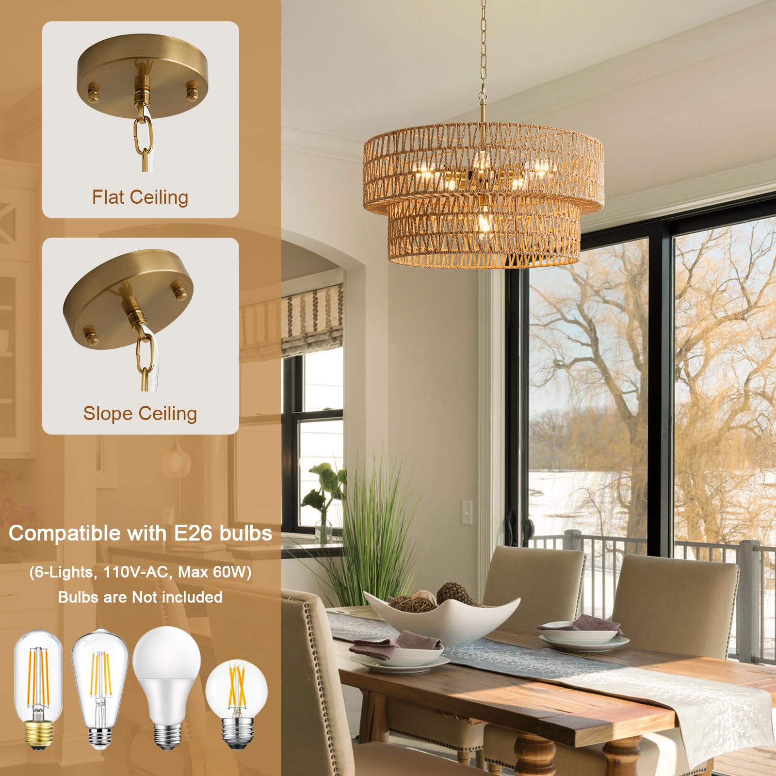SupMaka 23.6" Boho Rattan Chandelier, 6-Light Pendant Light, Brown Wicker Shade, Ideal for Dining Room, Living Room, Bedroom