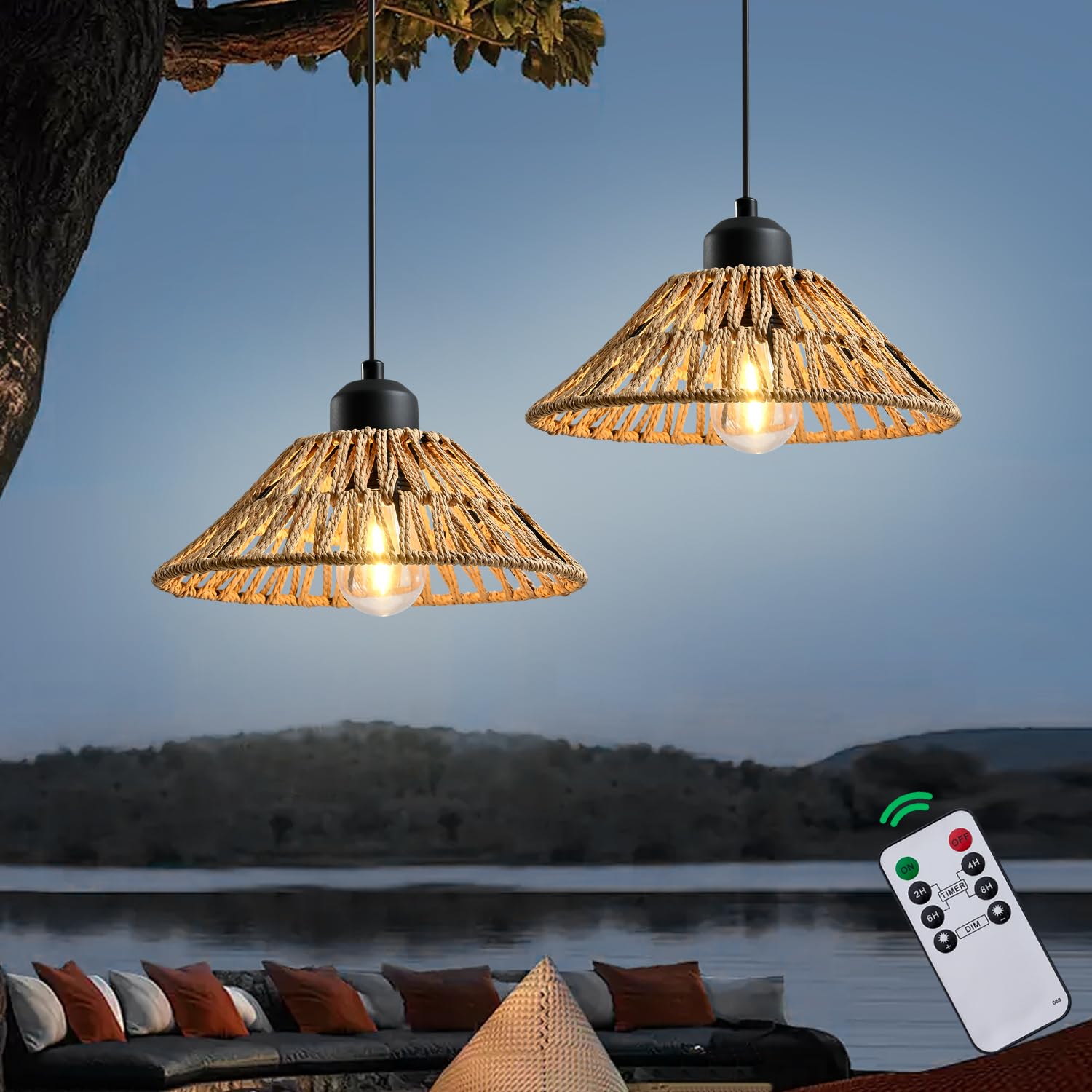 HuixuTe Battery Operated Hanging Outdoor Chandelier, Gazebo Lights Outdoor Pendant Light with Remote Control,4*AA Battery Powere