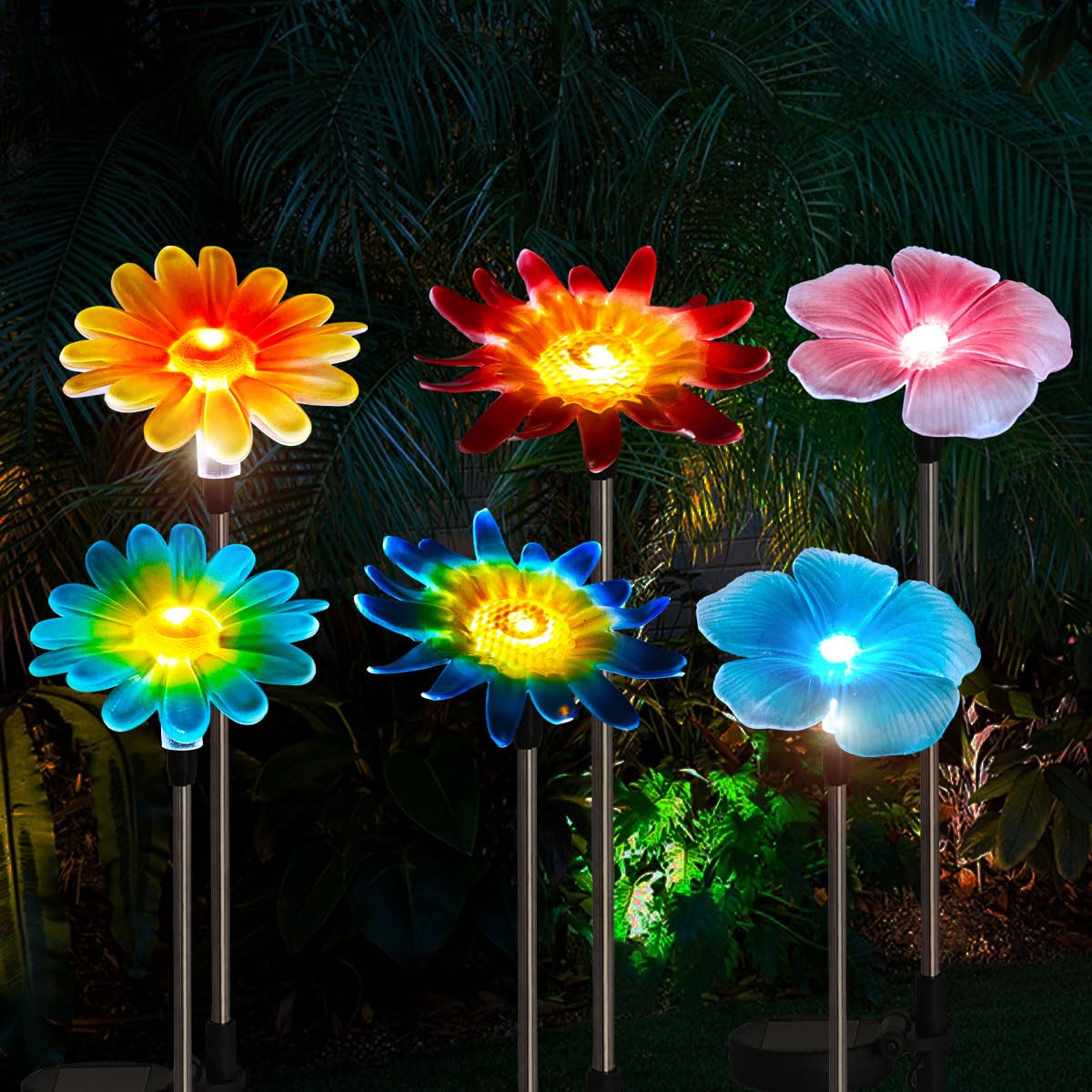 EiGreen 6 Pack Solar Garden Lights Outdoor Decor,Stake Yard Figurine Colorful Flower Light, Housewarming Ornament for Patio, Law