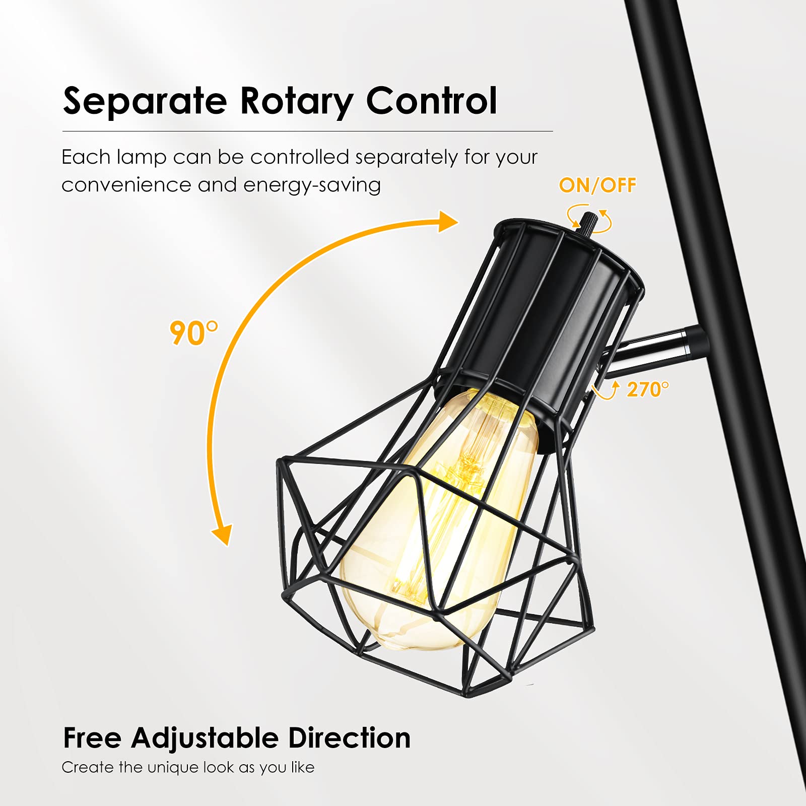 Industrial Floor Lamp, Standing Lamp, Farmhouse Tree Floor Lamp With 3Pcs 6W Edison Bulbs, Free Adjustable Cage Heads, Independe