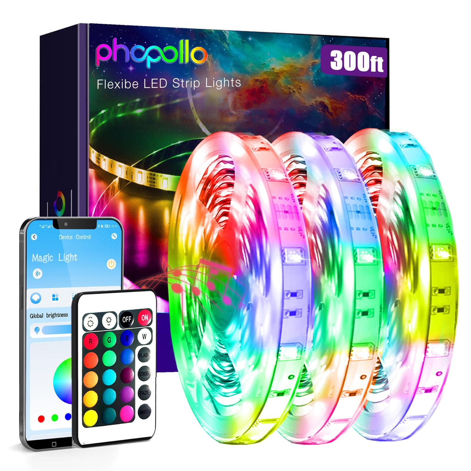 Phopollo Bluetooth 24V Led Strip Lights 300Ft (3 Rolls Of 100Ft)  Color Changing Led Lights For Bedroom  Kitchen Decor  App Control And Music Sync