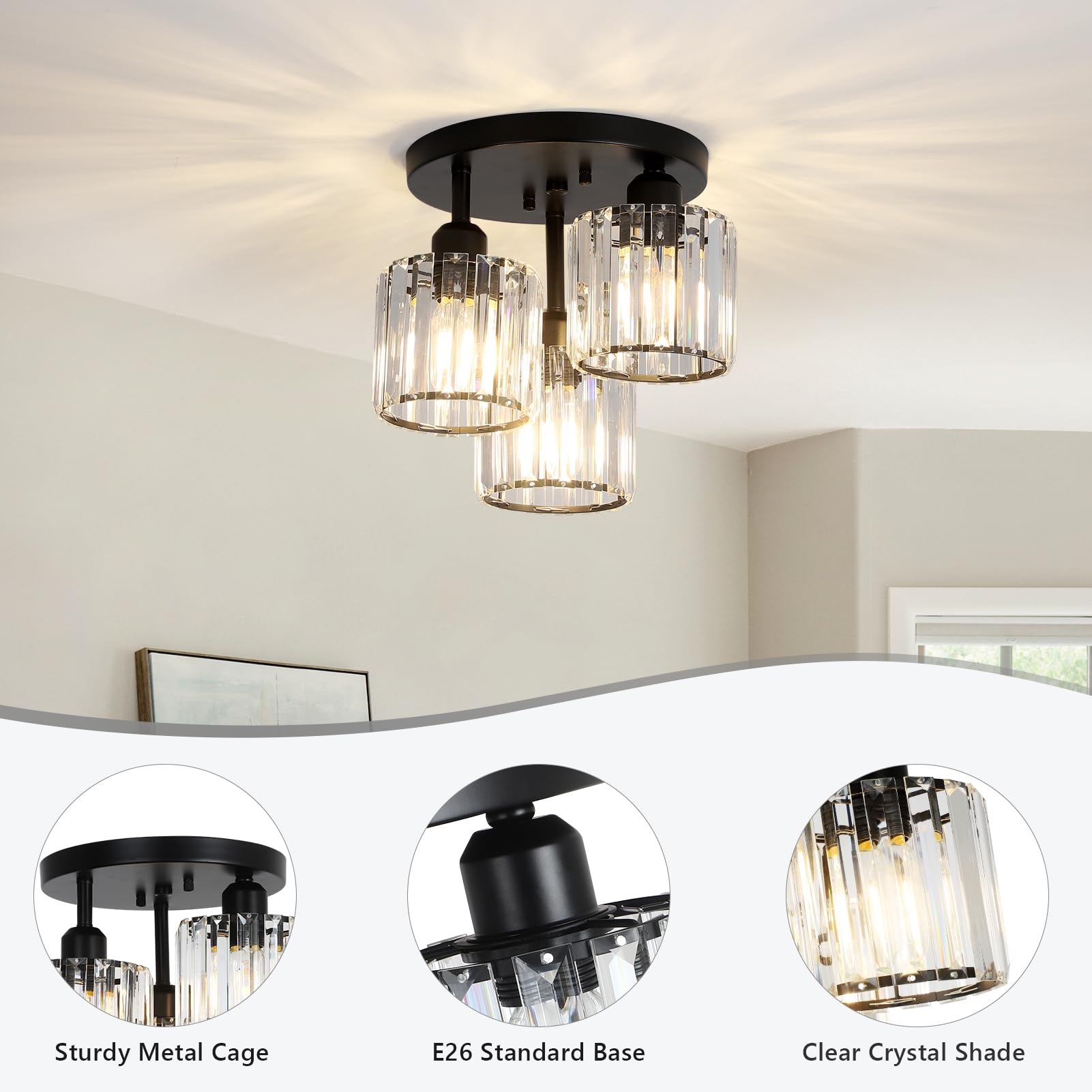 Pauful Crystal Semi Flush Mount Ceiling Light,3-Light Modern Close To Ceiling Light Fixtures,Black Kitchen Light Fixtures With C