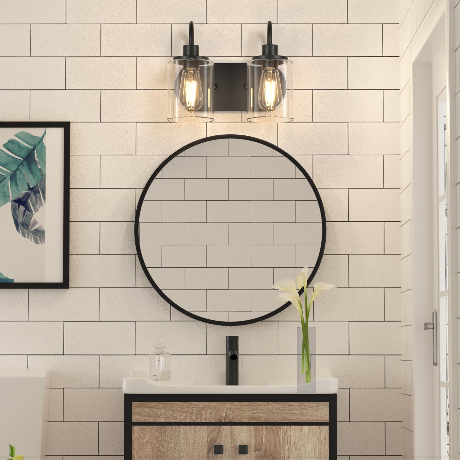 Baocuz 2-Light Black Bathroom Vanity Light, Bathroom Lights Over Mirror, Modern Vanity Lights With Clear Glass Shade, Farmhouse
