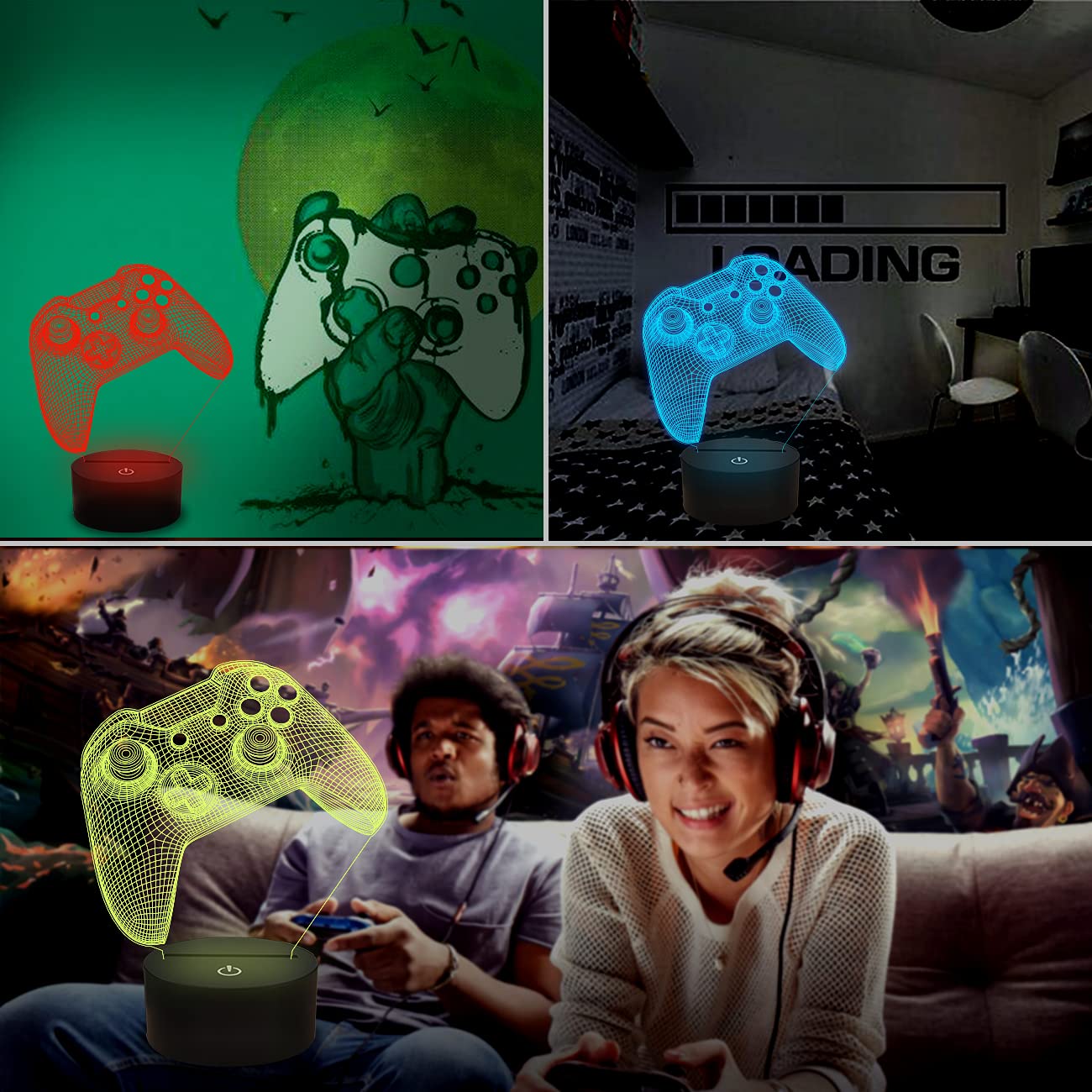 3D Gamepad Night Light, Game Console Illusion Lamp With Remote + Touch 16 Color Flashing Changing + Timer Desk Lamps Kids Room D