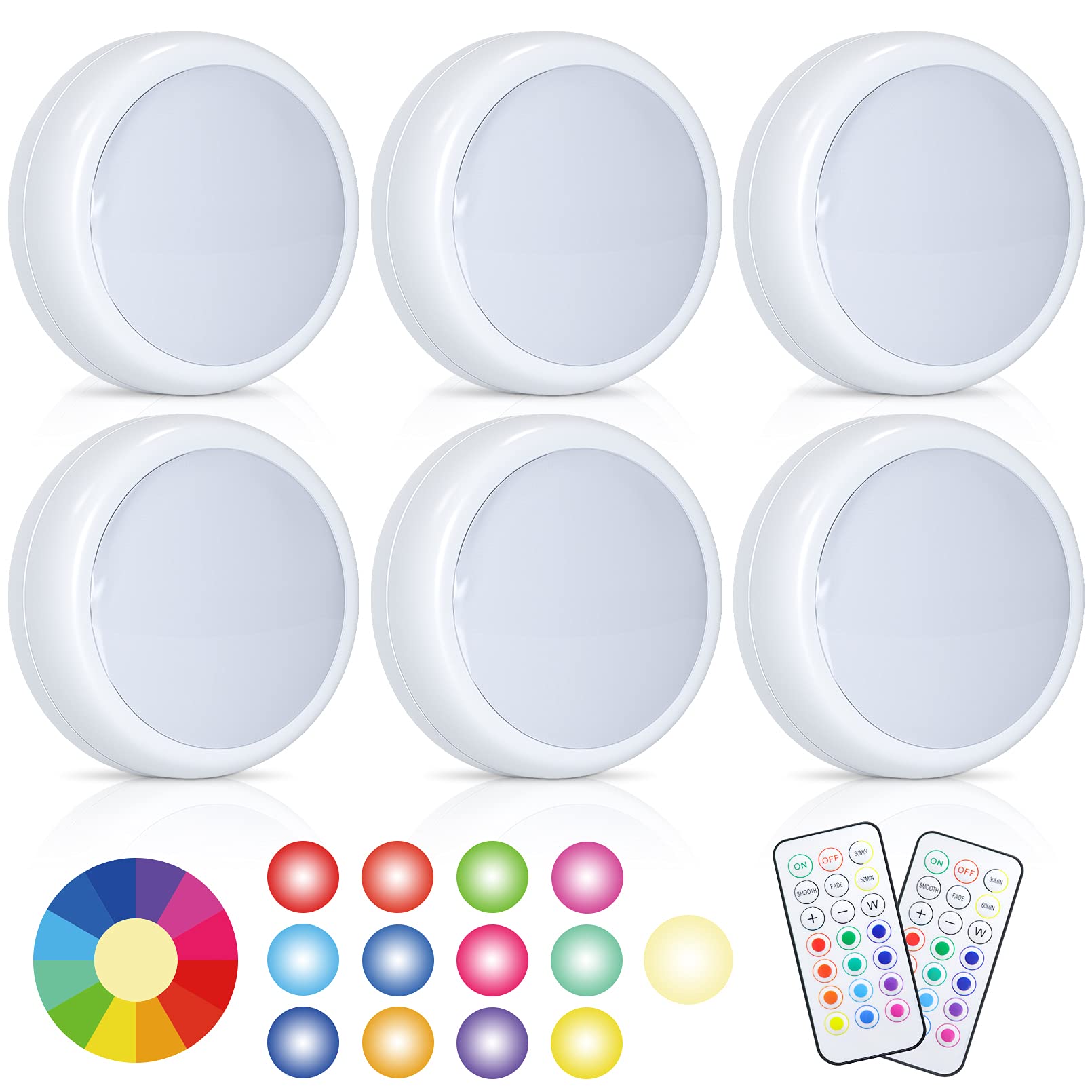 HFCDL LED Puck Lights with Remote Control, 50lm RGBW Color Changing Closet Battery Light, 13 Colors Stick-on Under Cabinet Light