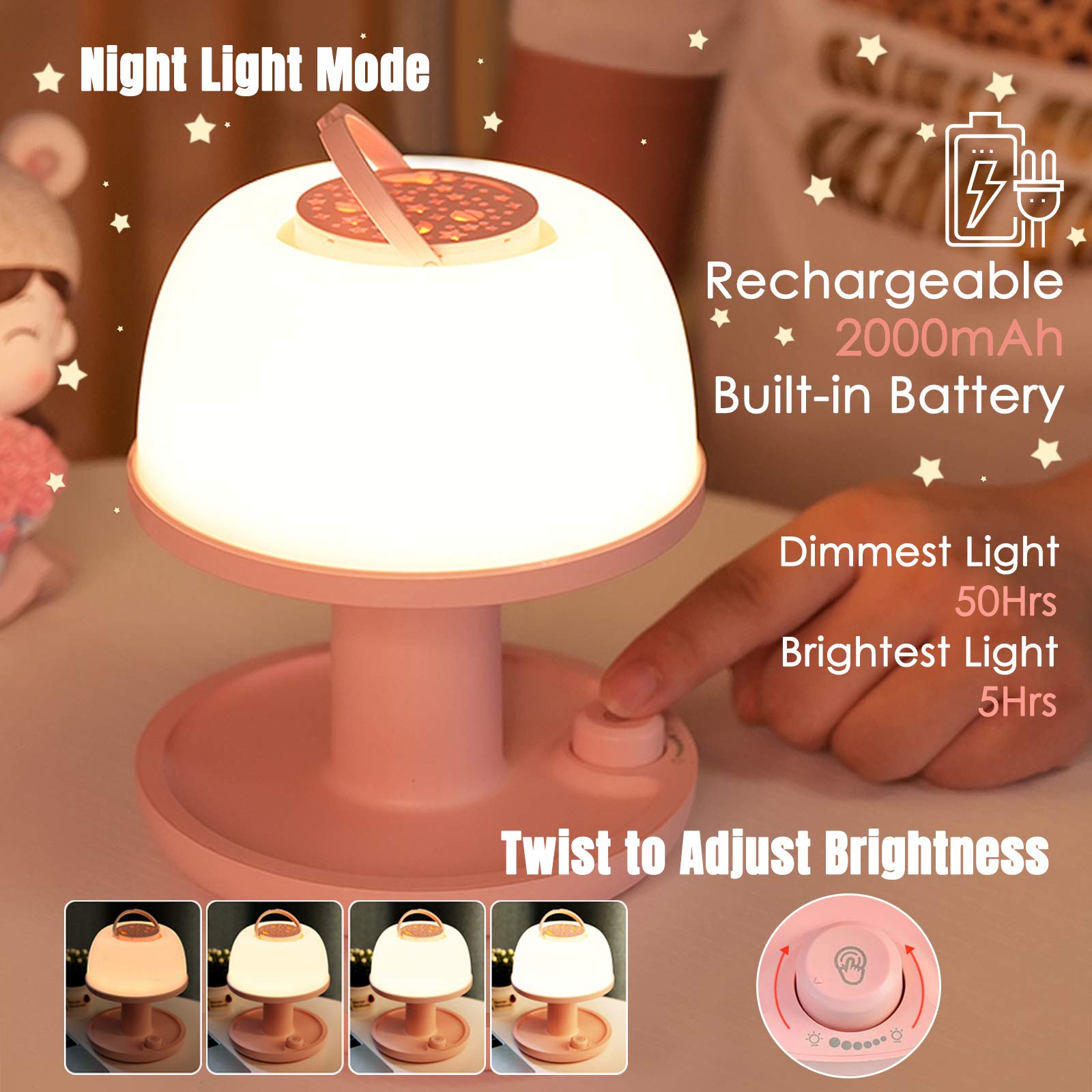 Licklip Pink Dimmable Led Toddler Night Light With Star Projector & Timer - Rechargeable Portable Lamp