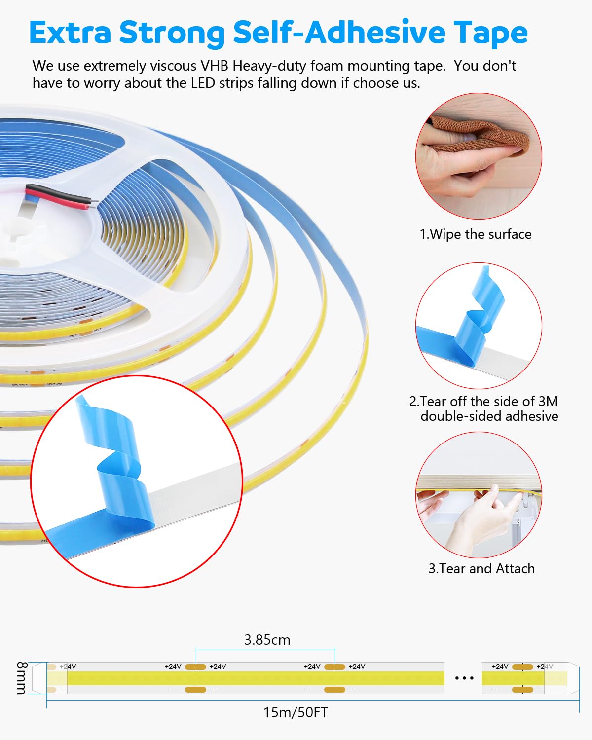 Aclorol 50Ft Cob Led Rope Light 6000K 24V Flexible Cob Led Strip Light Cool White Super Bright For Bedroom Tv Party Home Indoor