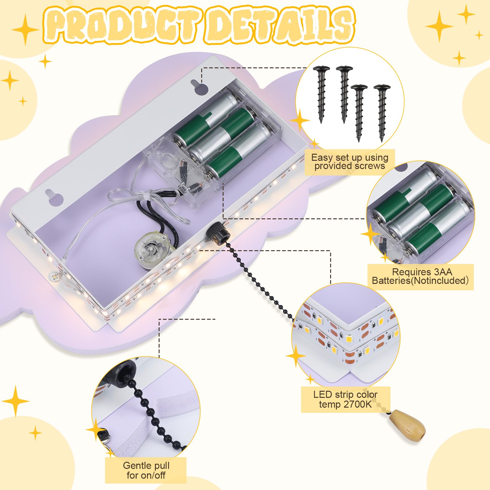 Aurelema Cloud Night Light Wall Lamp Sleeping Nursery Lighting Cute Floating Battery Operated Hanging Lamp For Baby Boys Girls Bedroom Room Nursery Wall Decorations