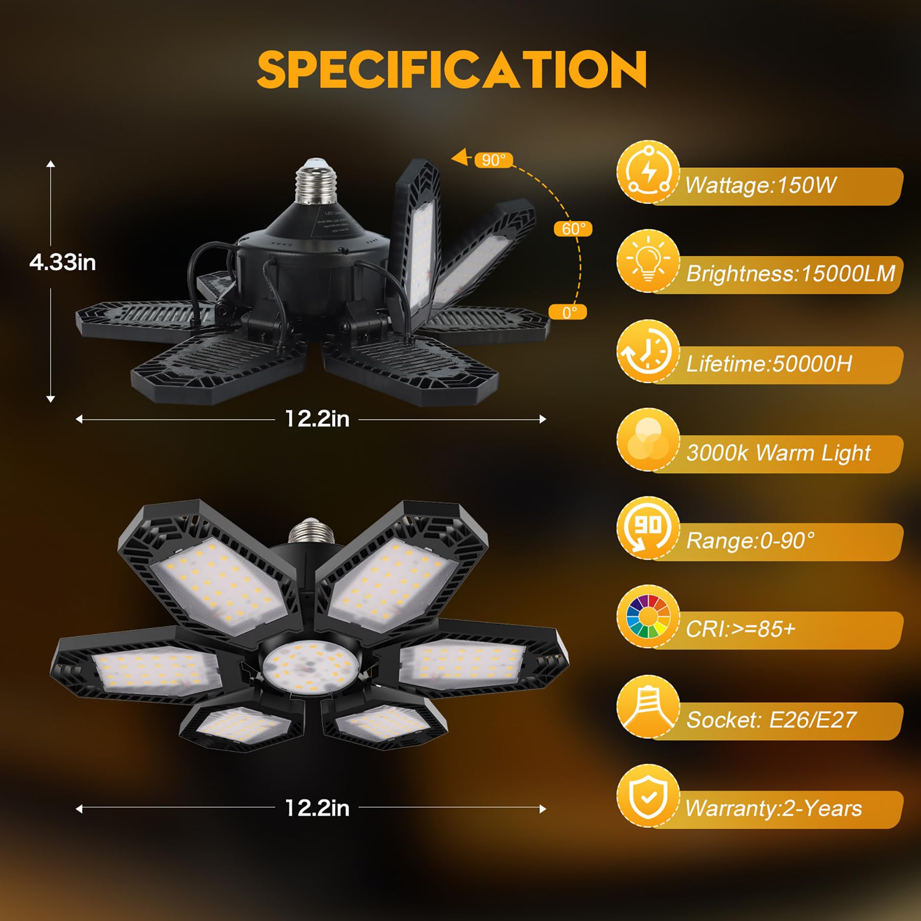 Tanbaby 2 Pack Garage Light Warm 150W Led Garage Lights 3000K Garage Lighting 12000Lm [Equivalent] Deformable Garage Light Ceili