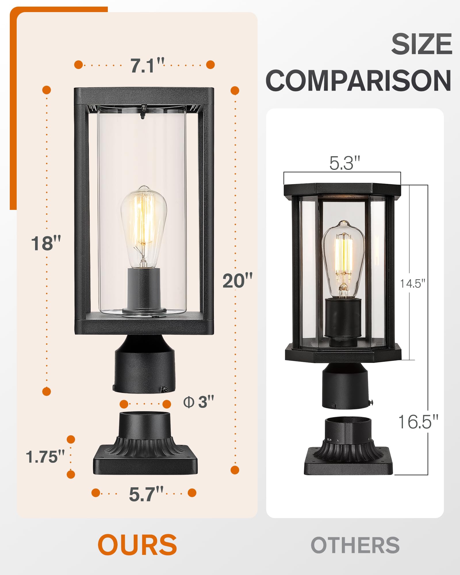 Beionxii Outdoor Post Lantern - 20" Modern Black Aluminum Pillar Light with Clear Glass - Model BXA291-P-1PK