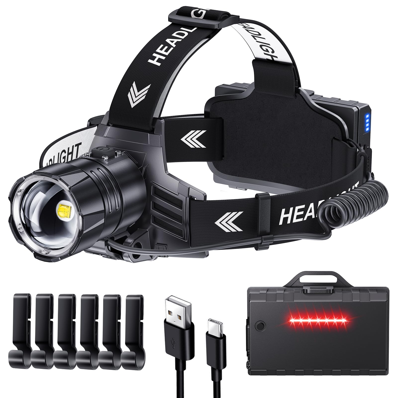 Sinvimes 2999 Lumen Led Rechargeable Headlamp, 96H Long Battery Life Head Lamp With 5 Modes & Ipx7 Waterproof & Zoomable, 120 Ad