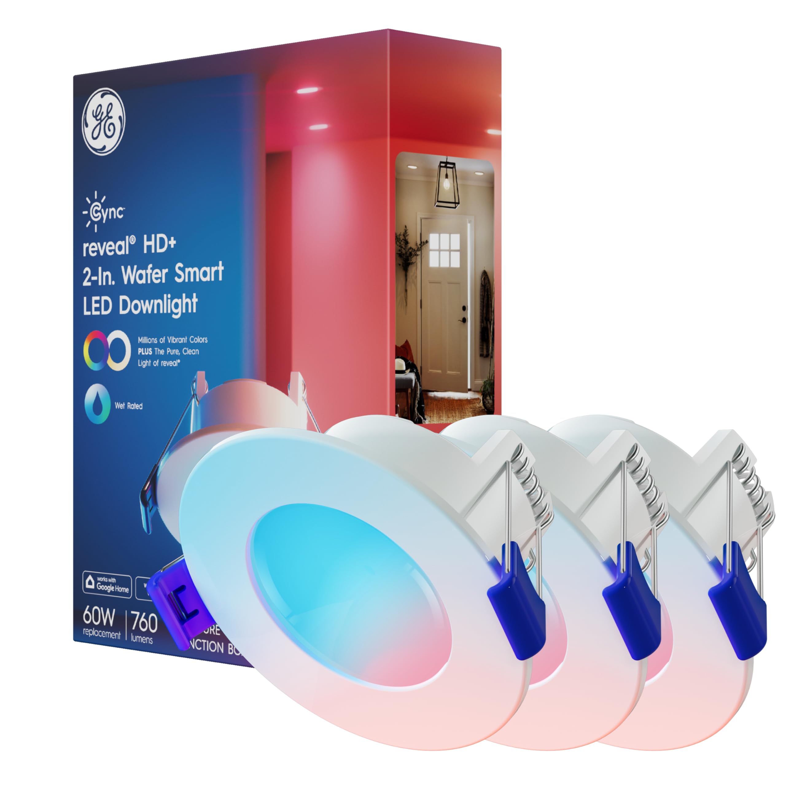 Cync LED Wafer Downlight, Color Changing, 2 Inch, Model CFIXCNLR2CRVDMS, 3 Pack, Plastic, Works with Alexa and Google Home