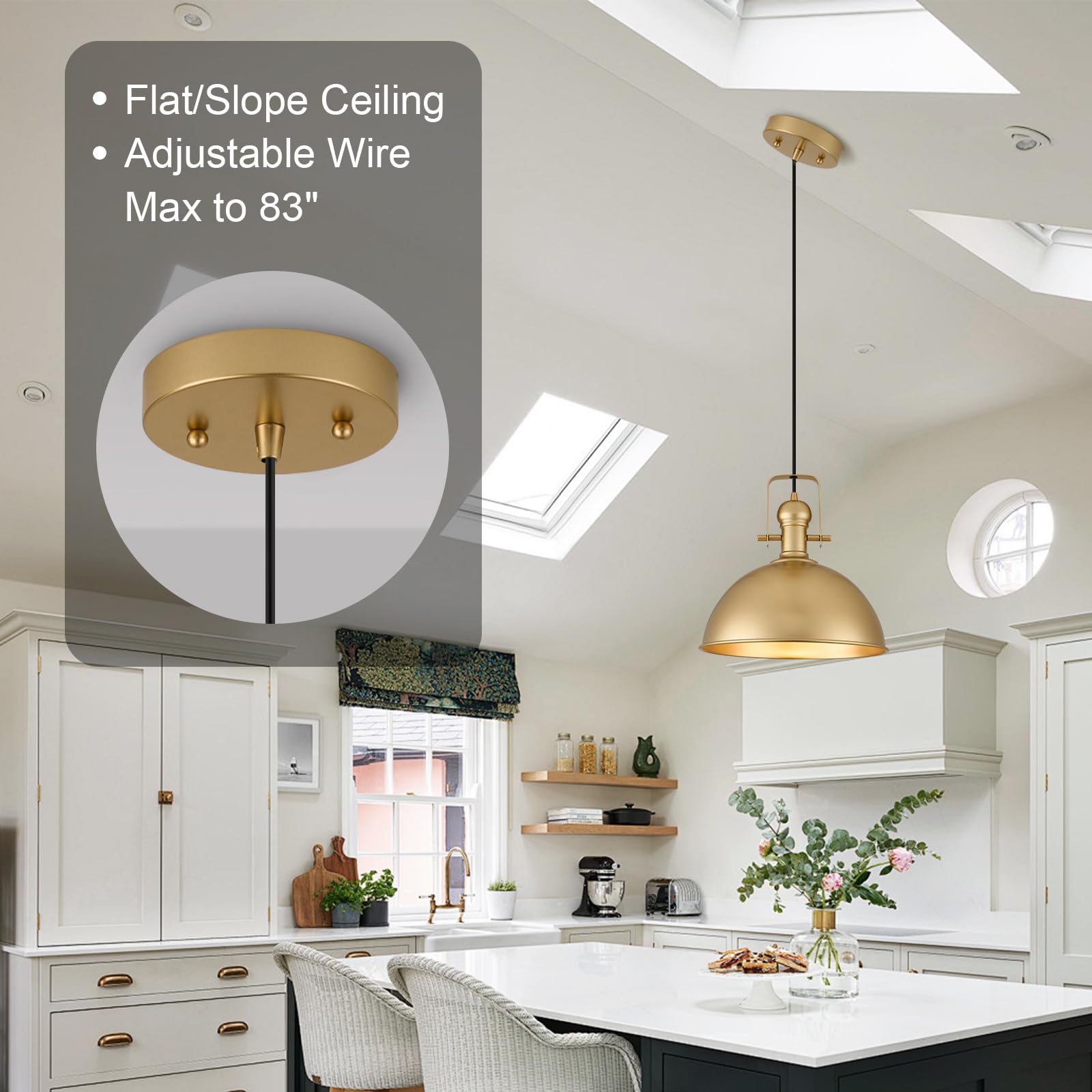 ALAISLYC 12" Gold Farmhouse Pendant Light - Vintage Dome Fixture for Kitchen Island & Dining Room, Adjustable Height, 1 Pack