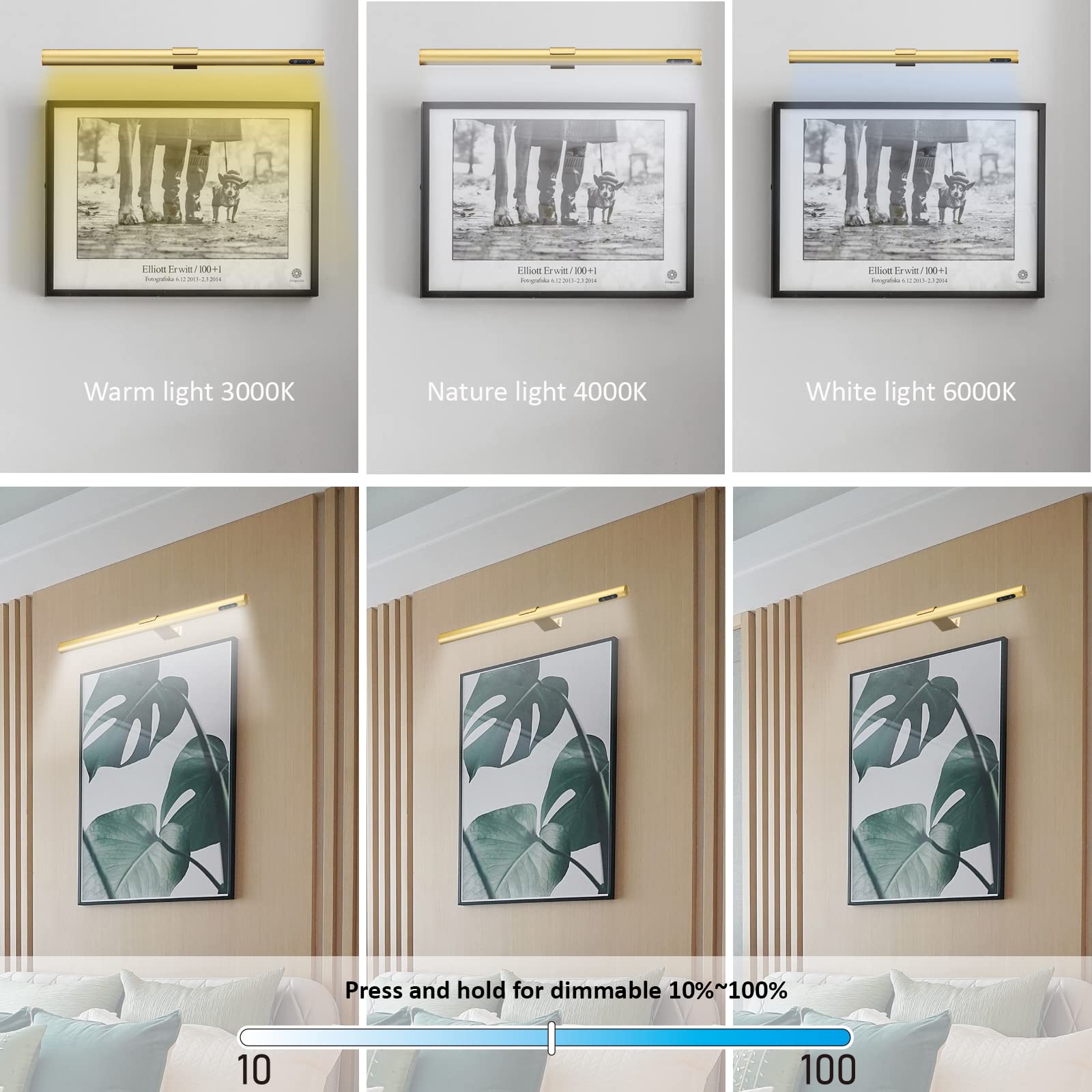 VIGMOJ Wireless Picture Light - 19.7" Battery Operated Metal Lamp, Dimmable with Remote Control, Gold Finish, Model 50gold