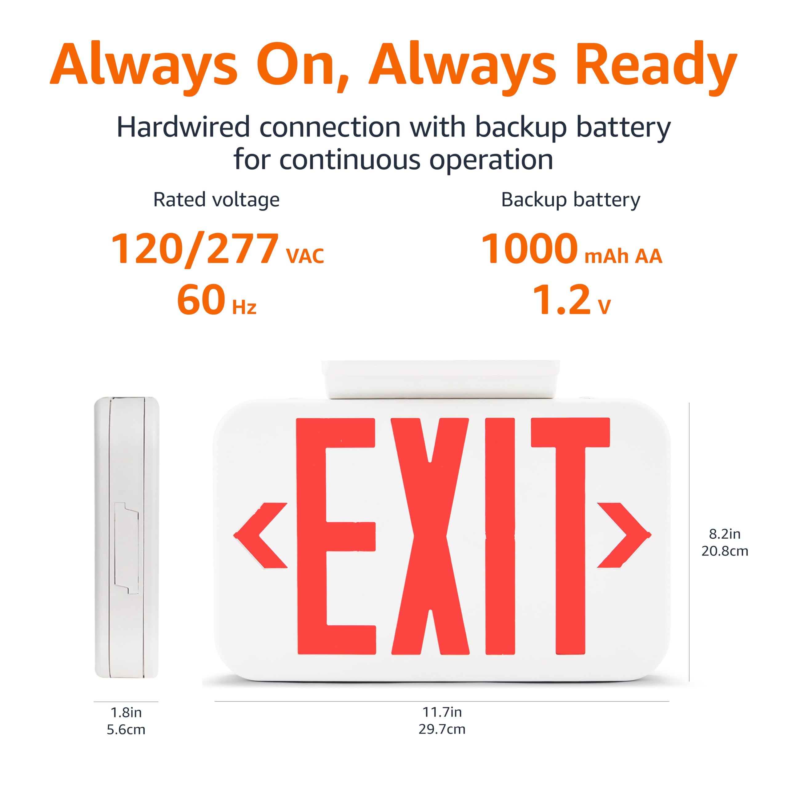 Amazon Basics LED Emergency Exit Sign, UL Certified, 2-Pack, Double Face Exit, Hardwired with Battery Backup, white (Previously