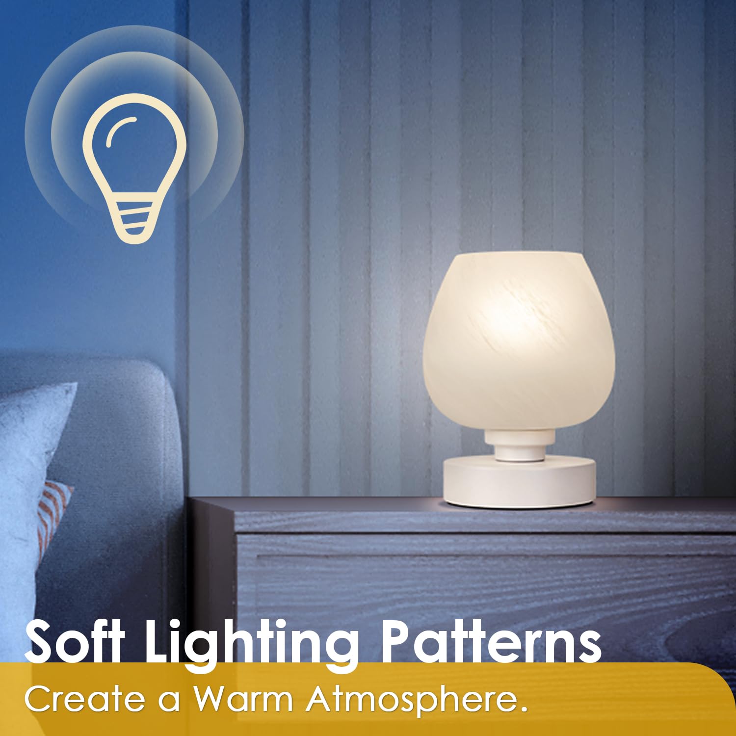 Soilsiu Bedside Table Lamp - Touch Control, 3-Way Dimmable, Metal, White Opal Glass Shade, Warm LED Bulb Included, Model GL-002